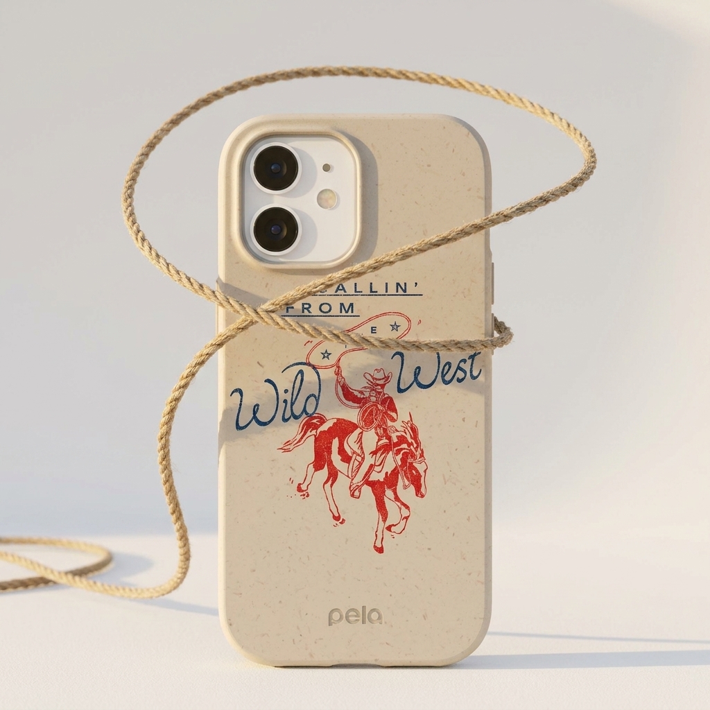 A beige phone case with a red and blue graphic of a cowboy on a horse and a rope lanyard.