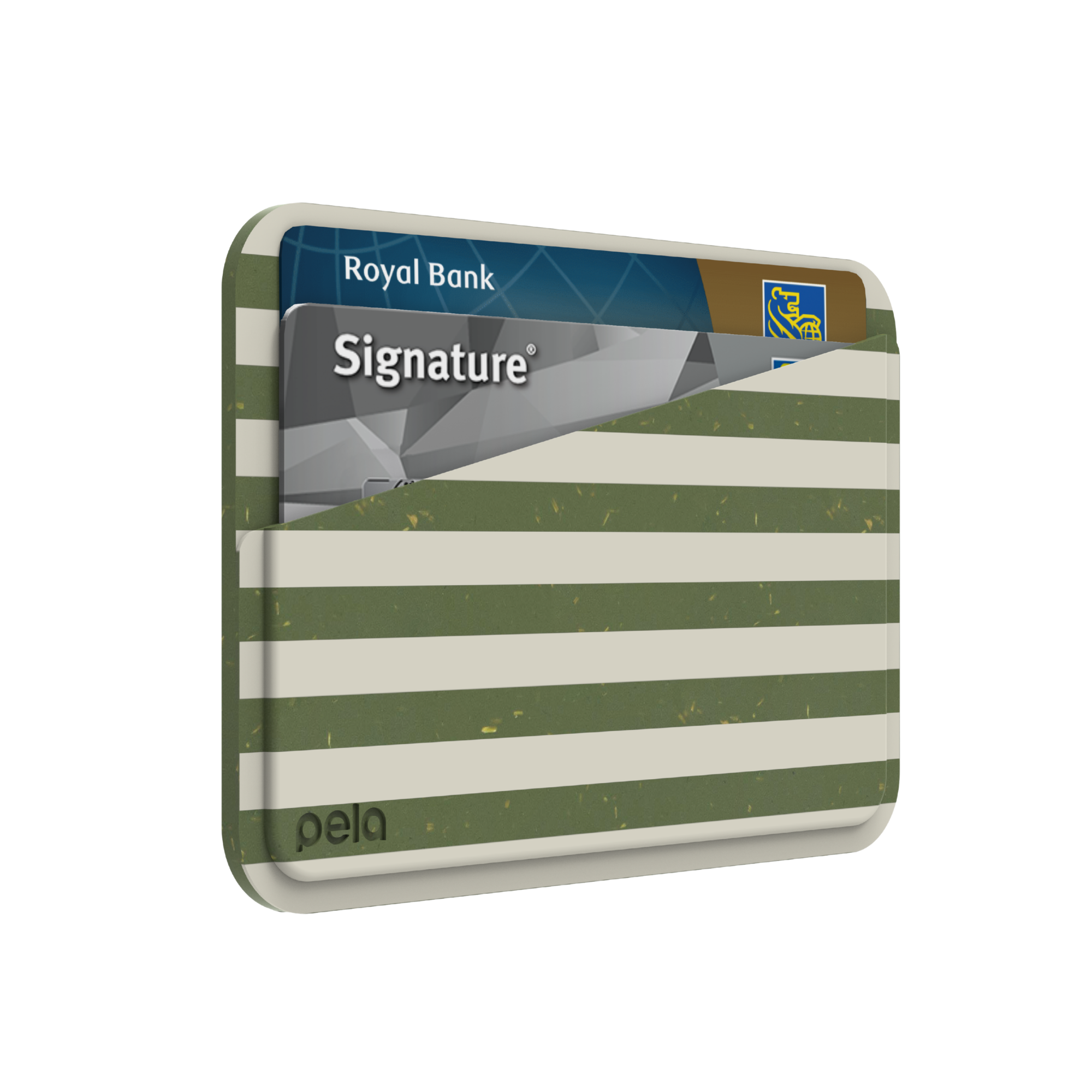 A Pela phone wallet with green and off-white stripes holding two bank cards against a white background.