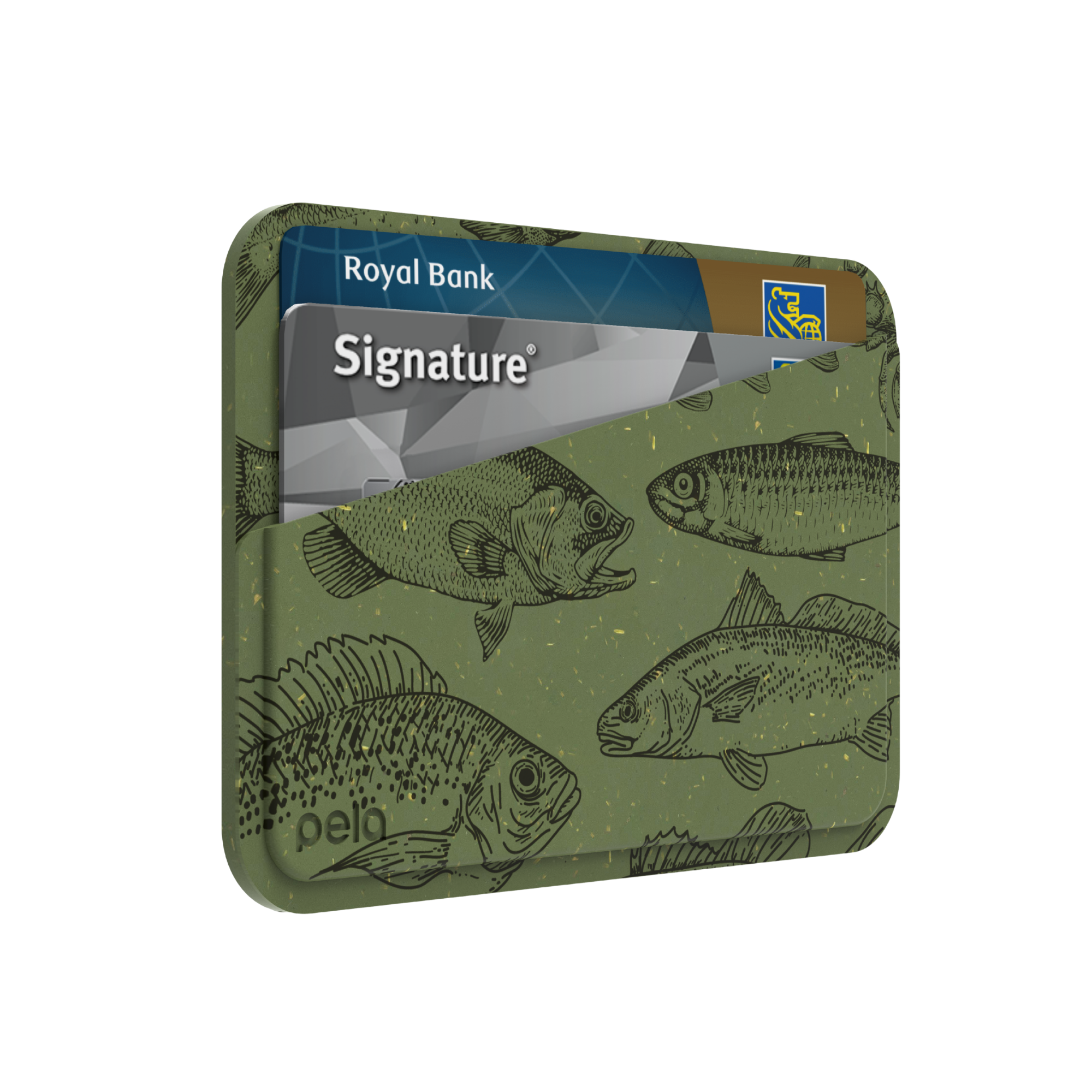 An olive green card holder with a fish pattern, holding two bank cards.