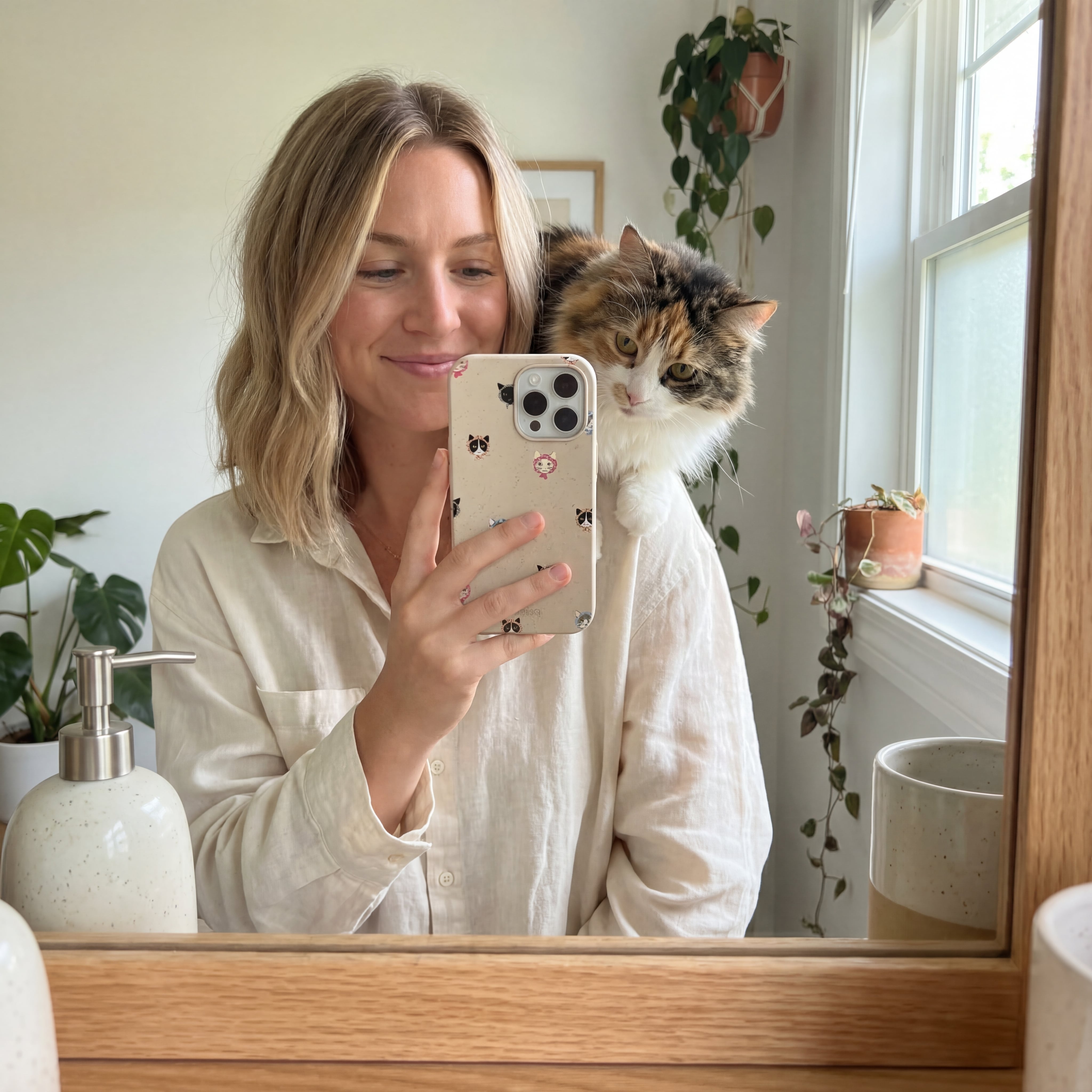 A woman with a long-haired calico cat on her shoulder takes a selfie in a mirror.