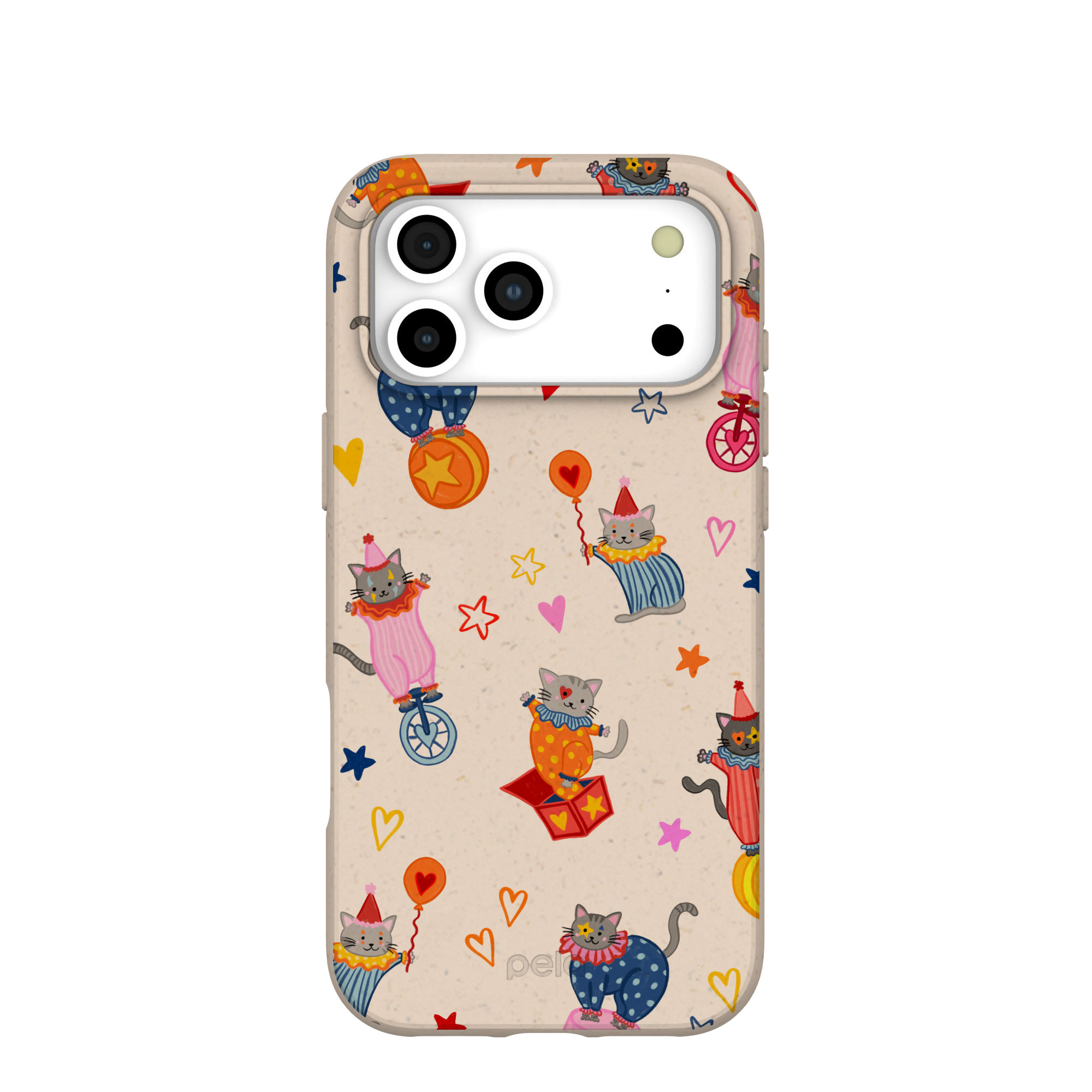 A phone case with a pattern of illustrated cats dressed as circus clowns.