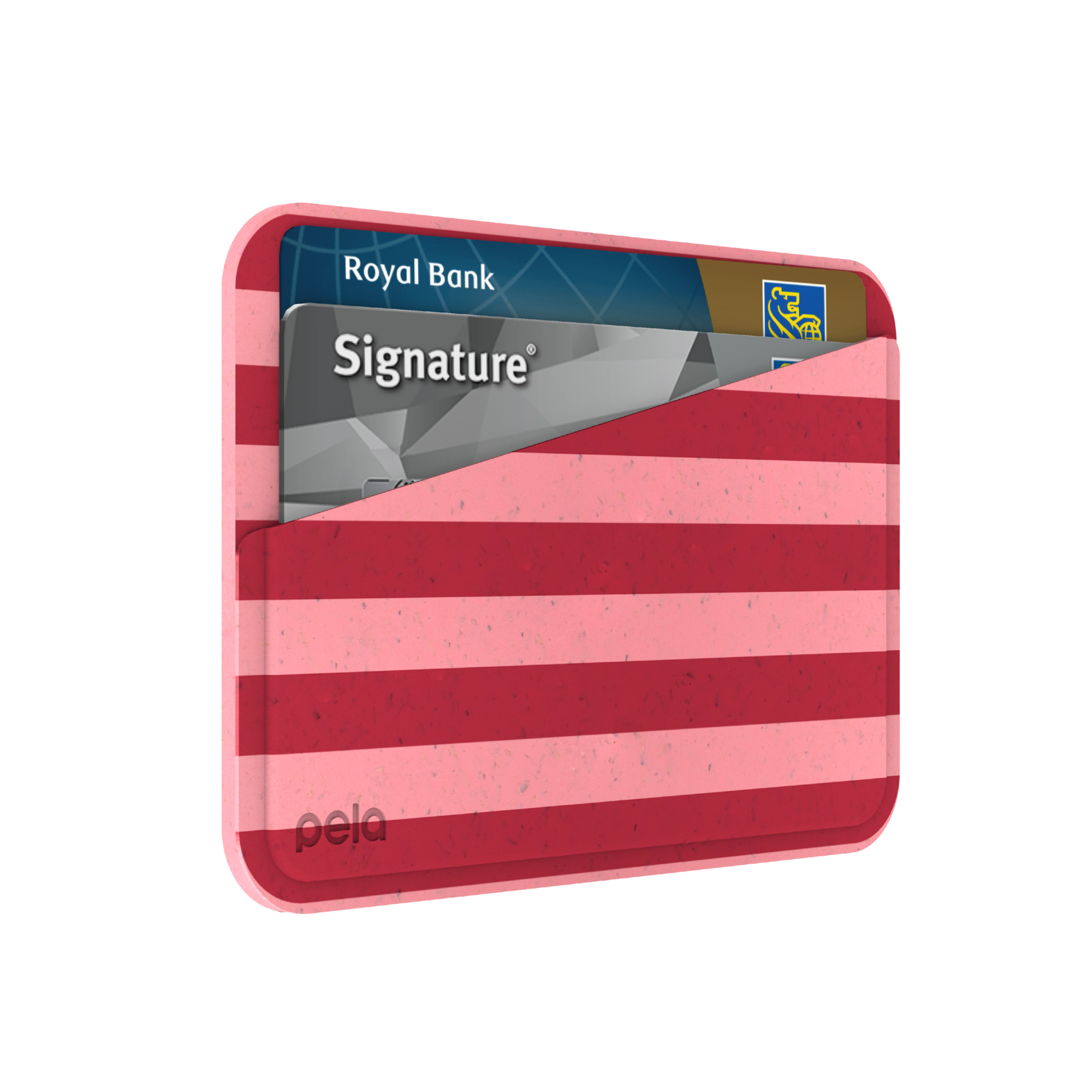 A red and pink striped Pela card holder with two bank cards inside against a white background.