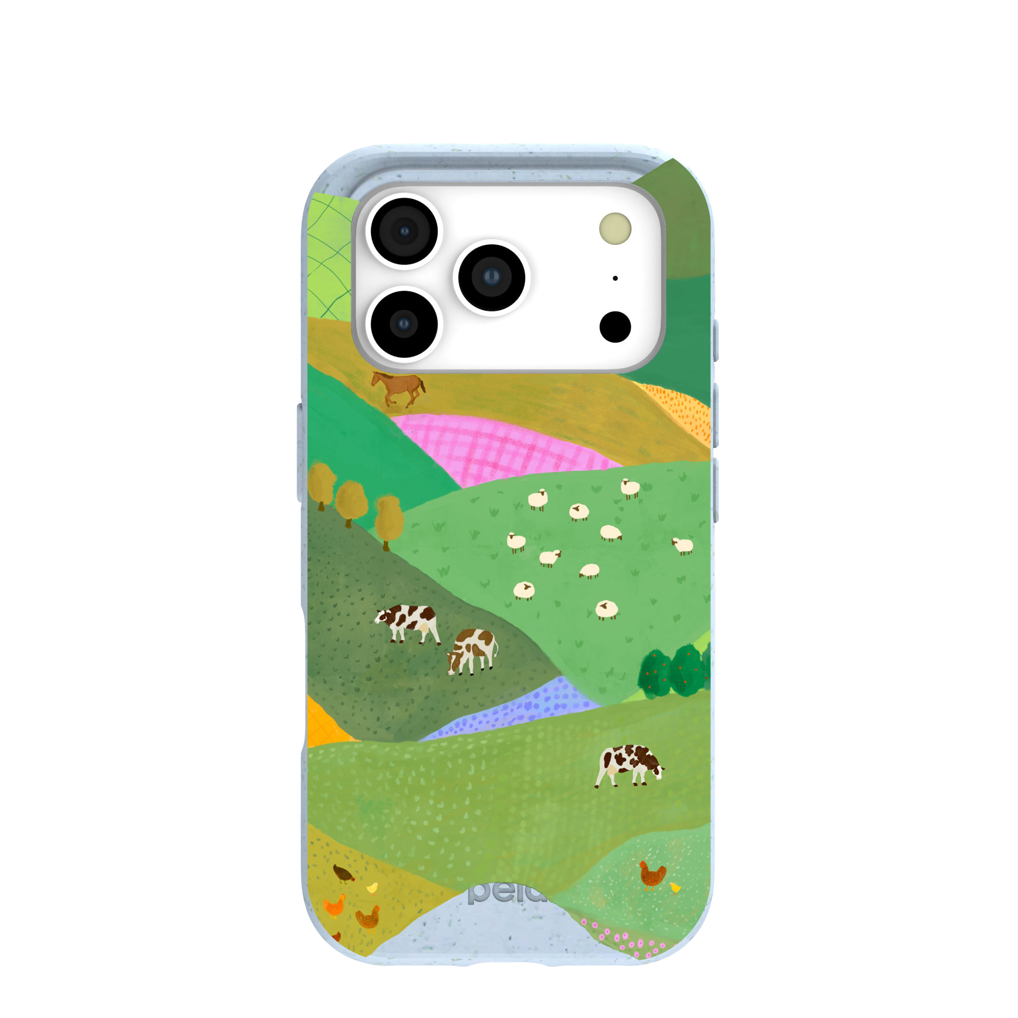 A phone case with a colorful illustration of a farm landscape with rolling hills and various animals.