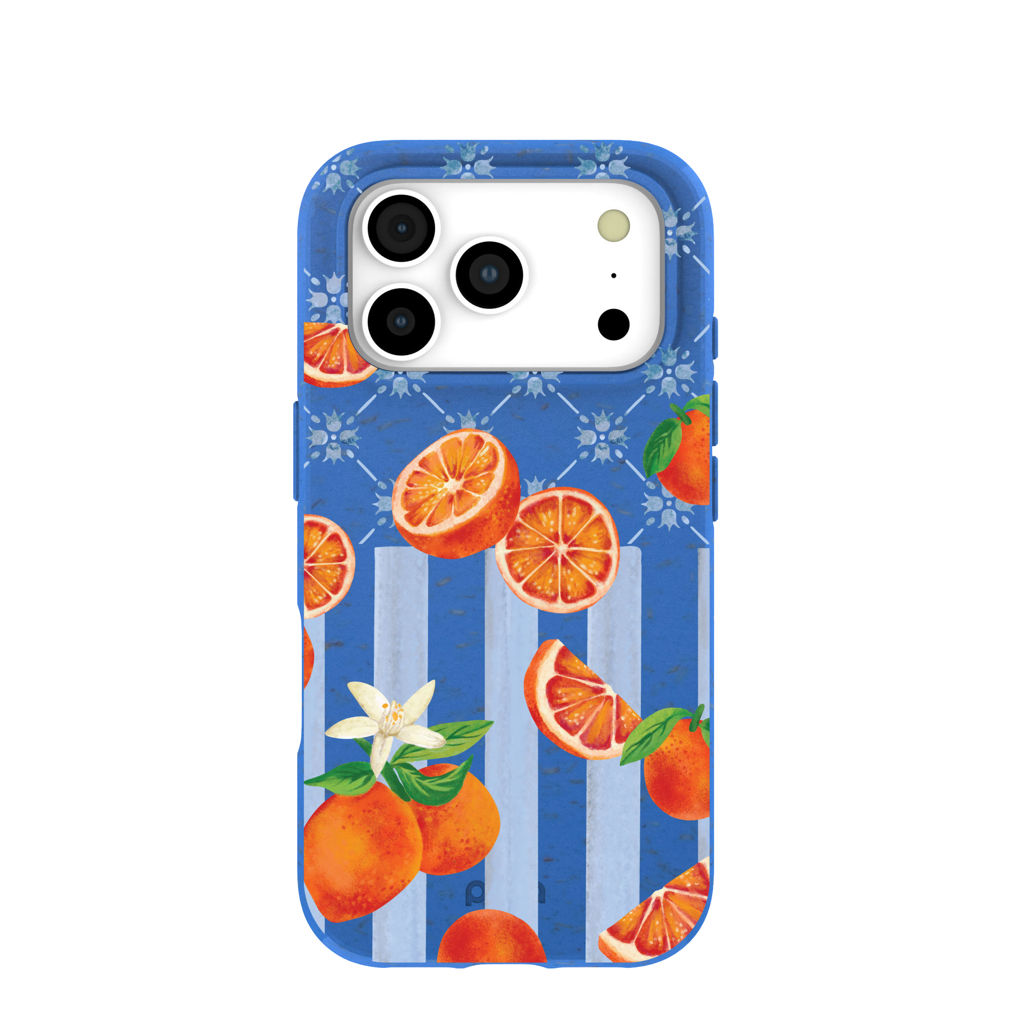 A blue phone case with a pattern of oranges, orange blossoms, and vertical blue stripes.