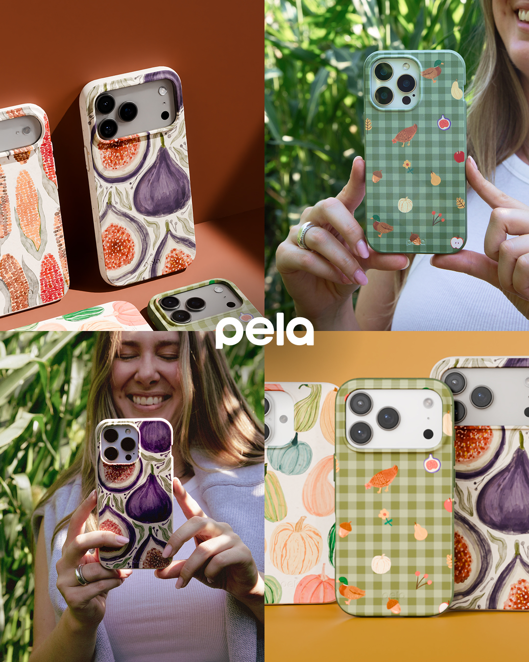 A collage of women holding phones with various autumn-themed Pela cases, including figs, pumpkins, and gingham patterns.