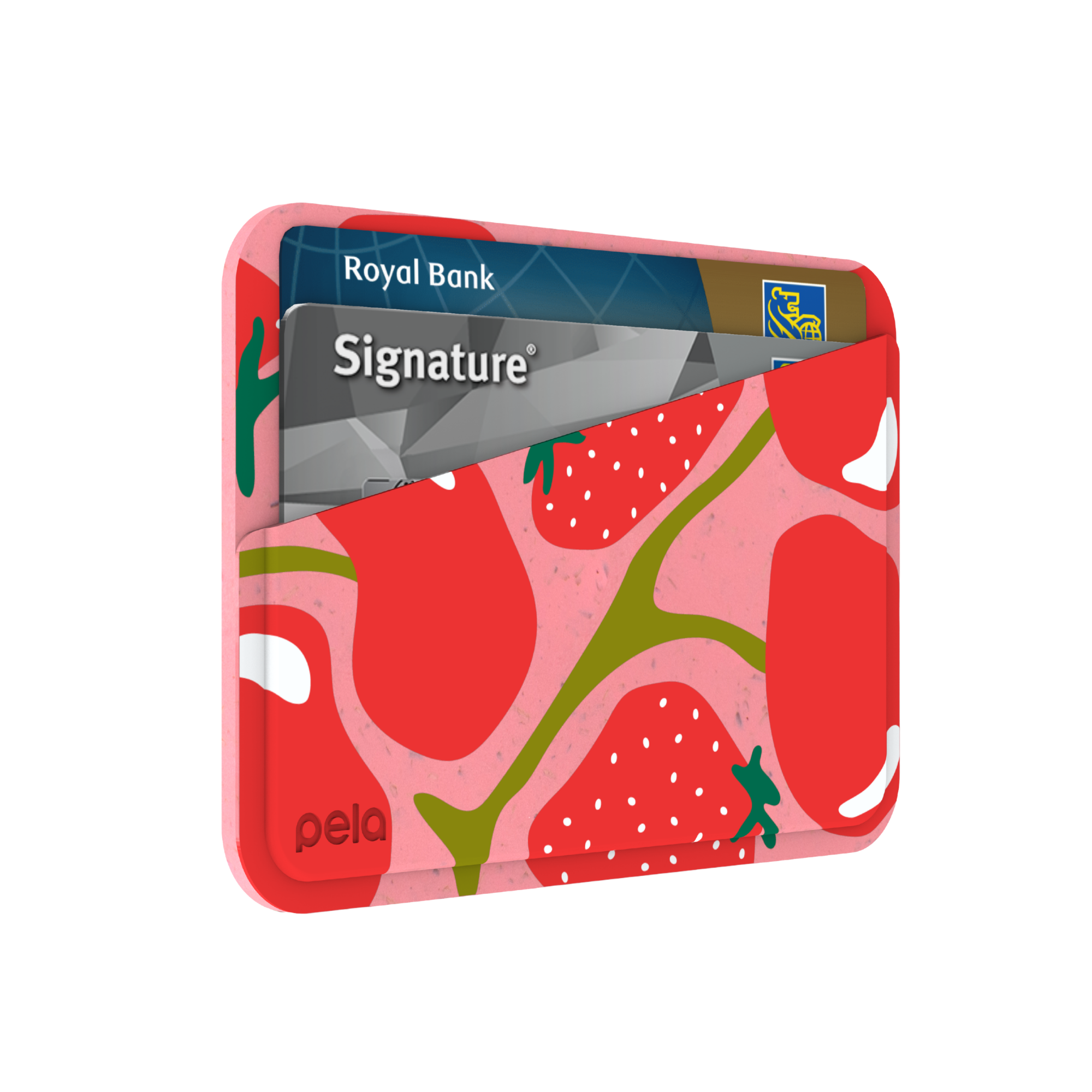 A pink Pela card holder with a red strawberry pattern holding two bank cards against a white background.