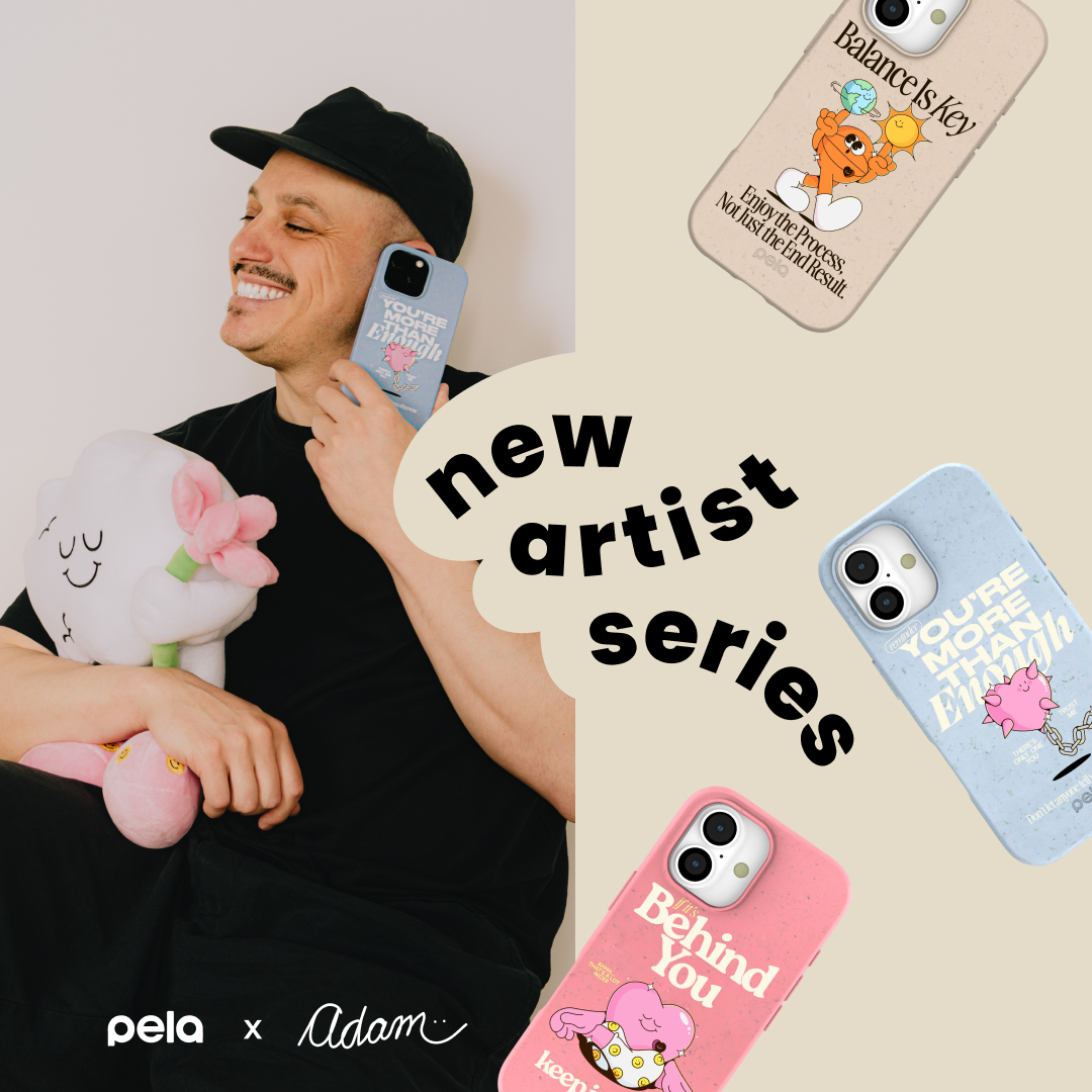 An advertisement for a new artist series of phone cases, featuring a smiling man and cartoon designs.