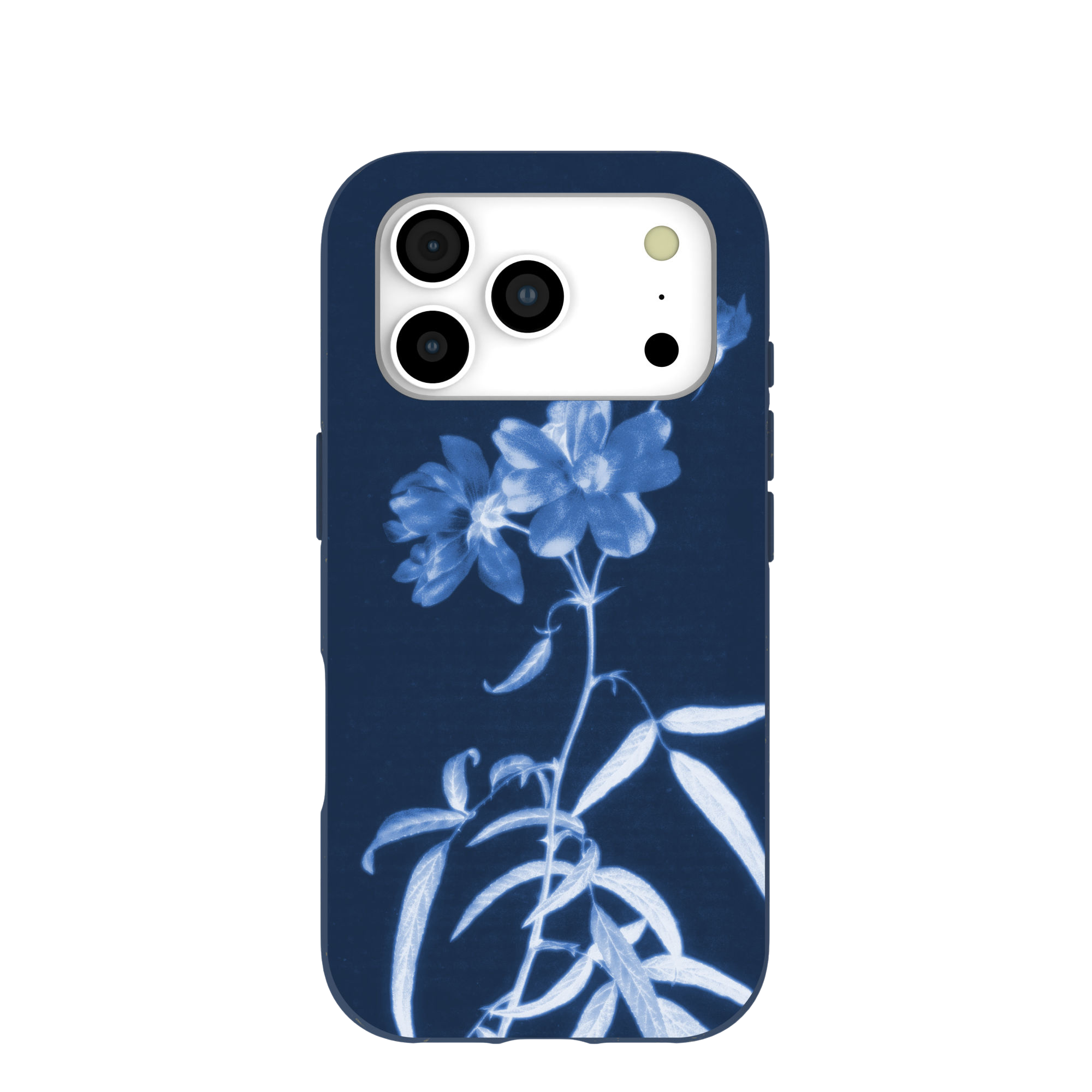 A dark blue phone case with a white and blue cyanotype-style floral print.