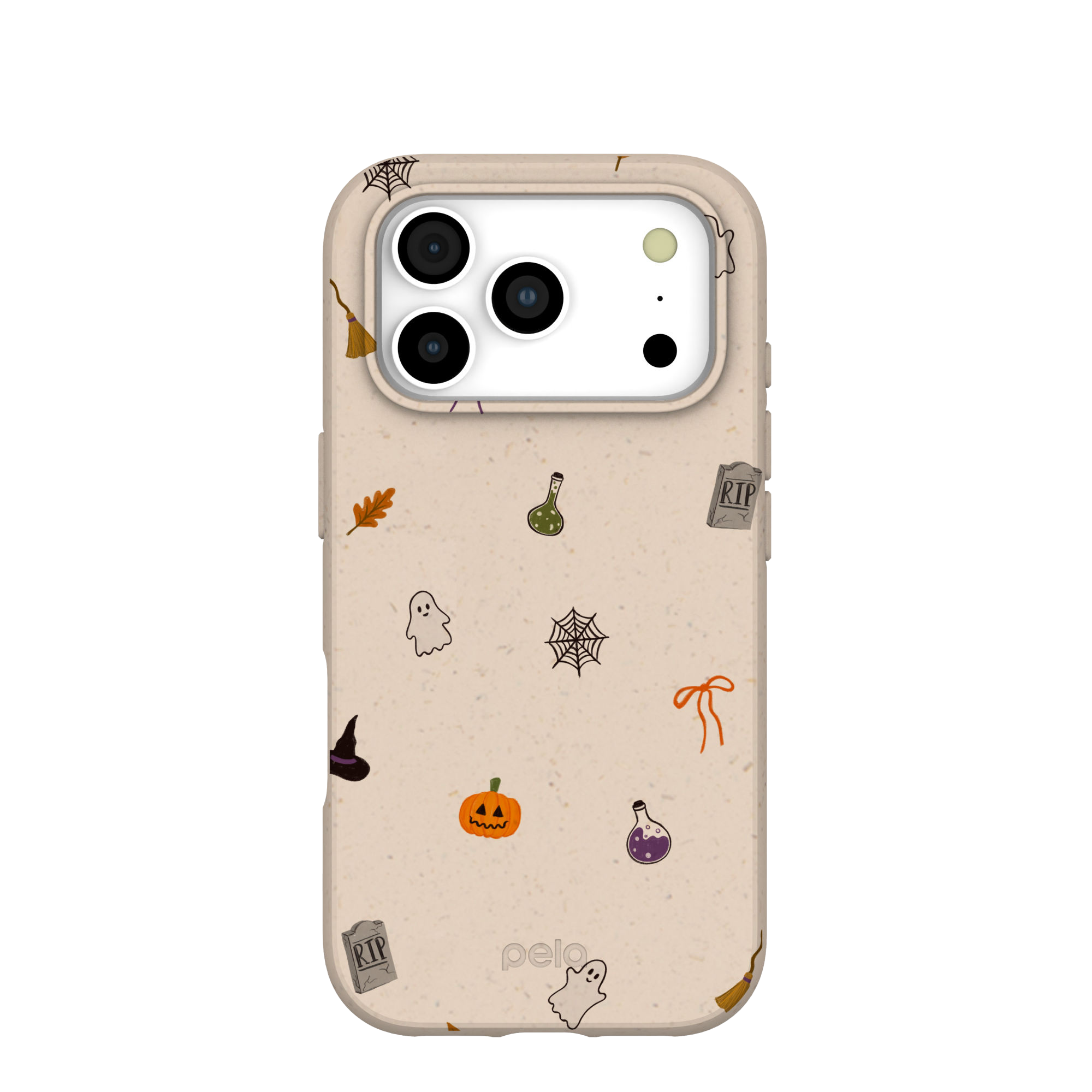 A beige phone case with a pattern of small Halloween illustrations like ghosts, pumpkins, and spiderwebs.