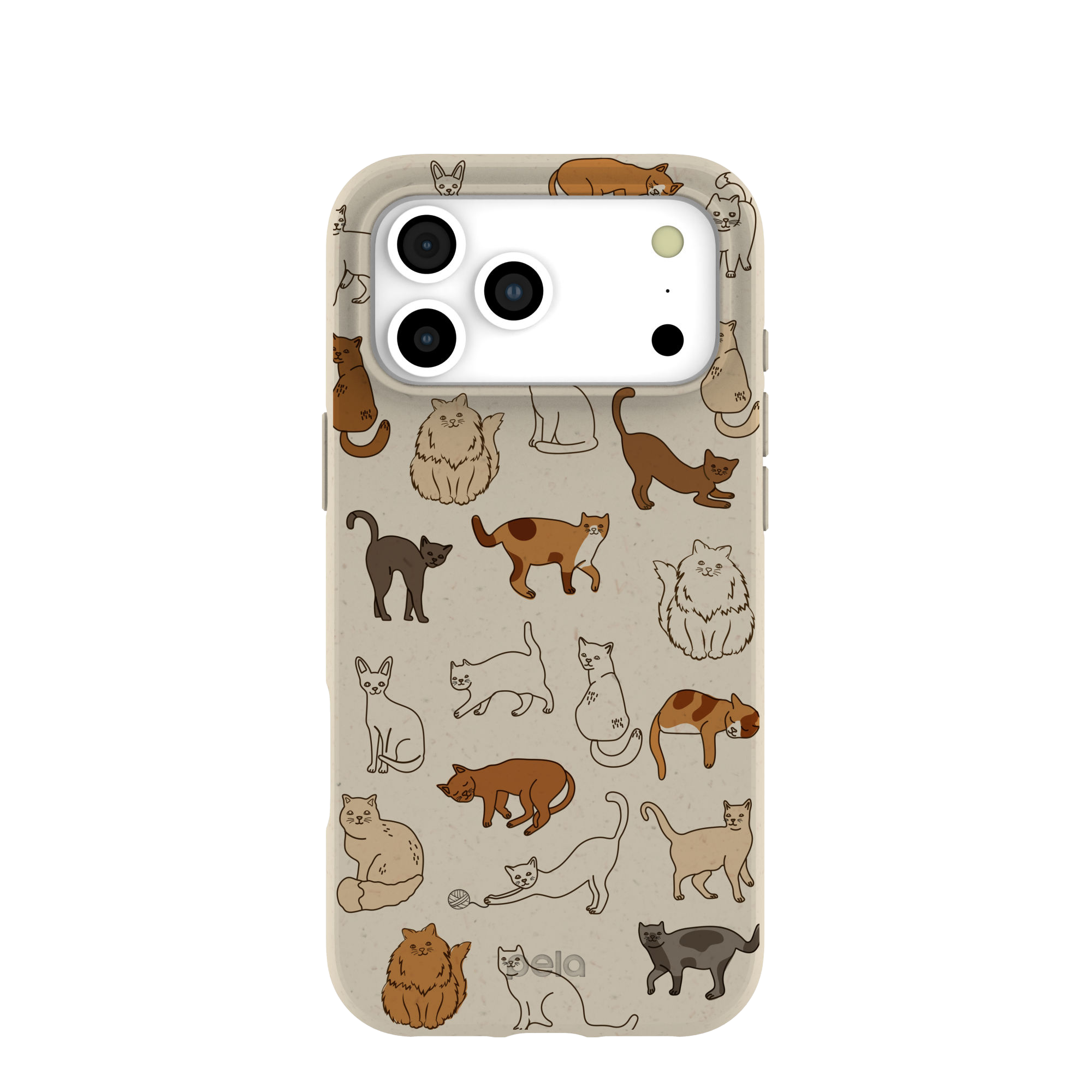 A beige phone case with a pattern of various cartoon cat illustrations.