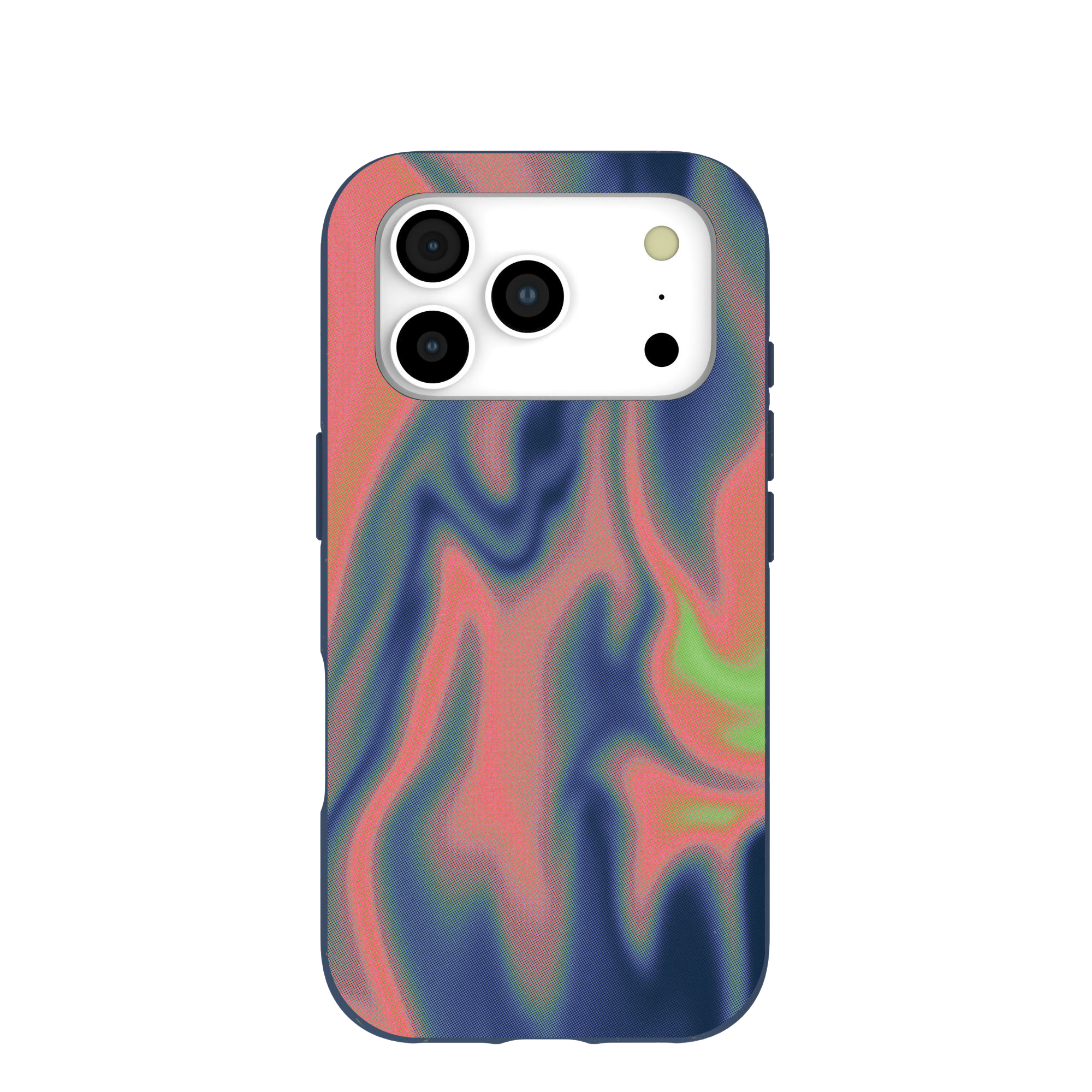 A phone case with a wavy, abstract pattern in blue, pink, and green, on a white background.