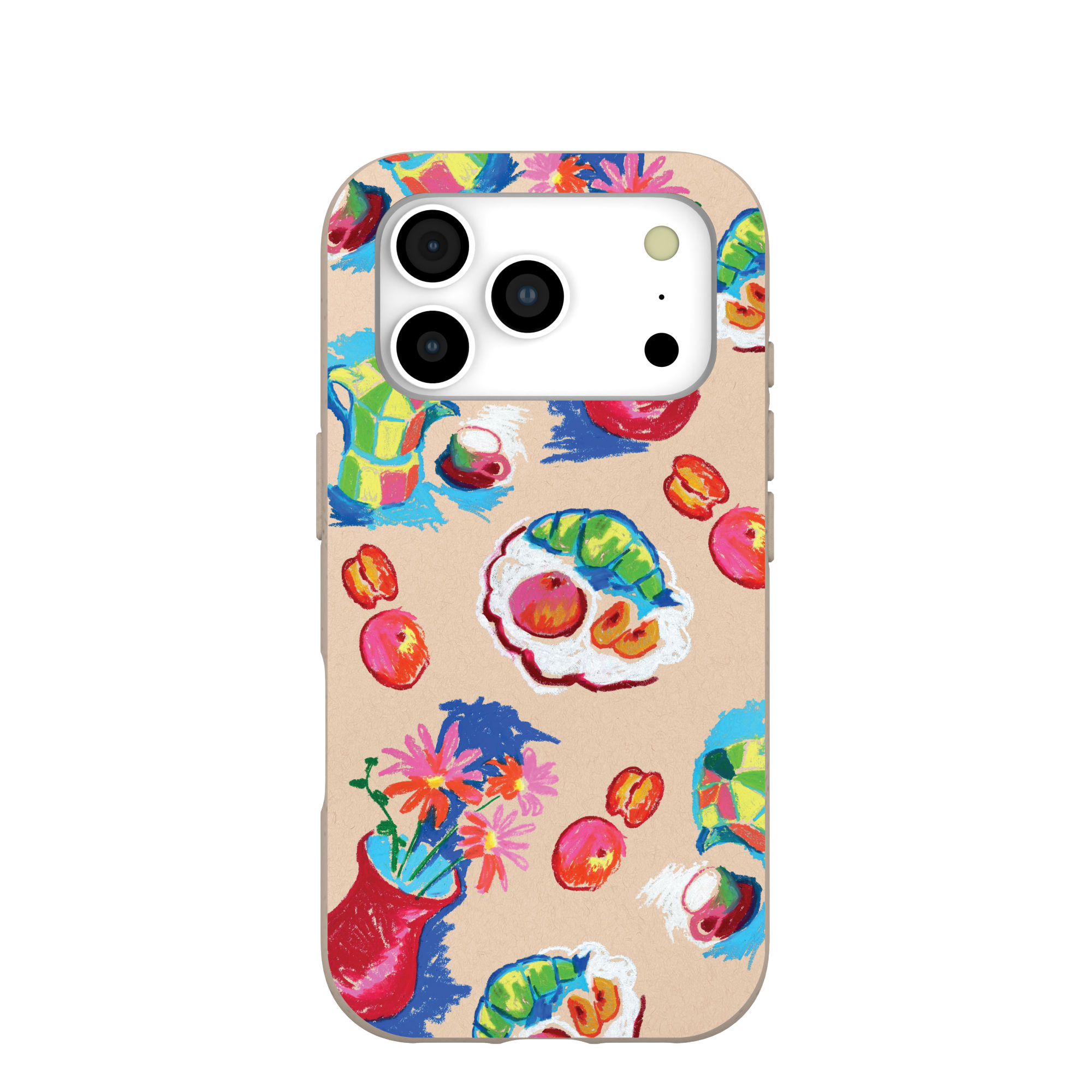 A phone case with a colorful, painterly pattern of still life objects like flowers, fruit, and coffee.