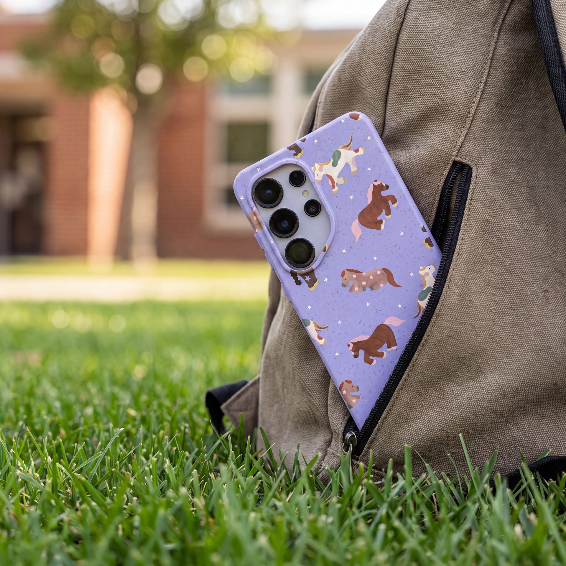 A purple phone with a horse pattern case sits in the side pocket of a backpack on grass.