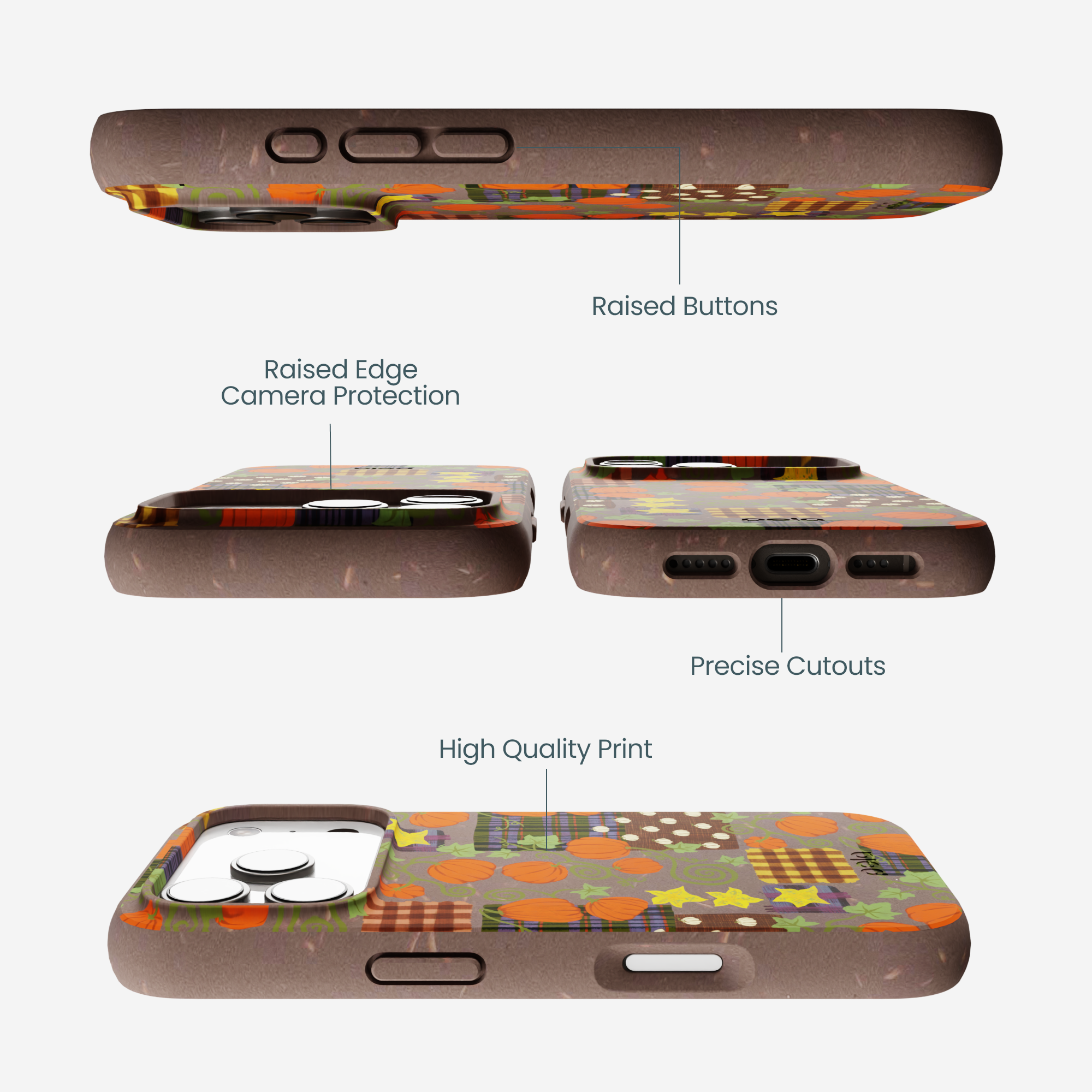 Infographic showing a brown, pumpkin-patterned phone case from multiple angles, with its protective features labeled.