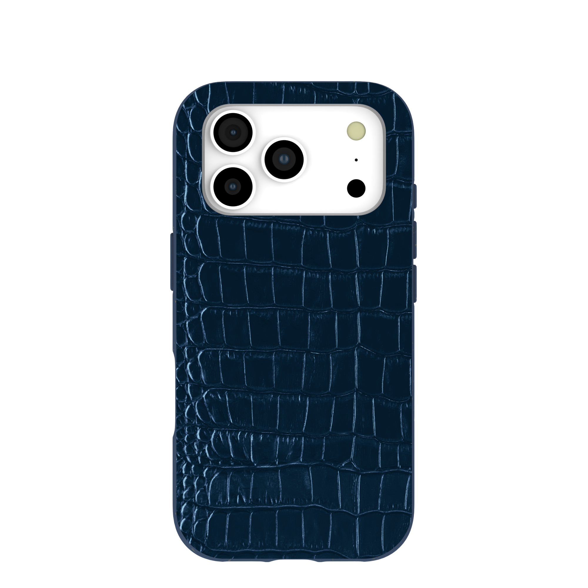 A dark blue, crocodile-textured phone case for a three-camera phone, seen from the back.