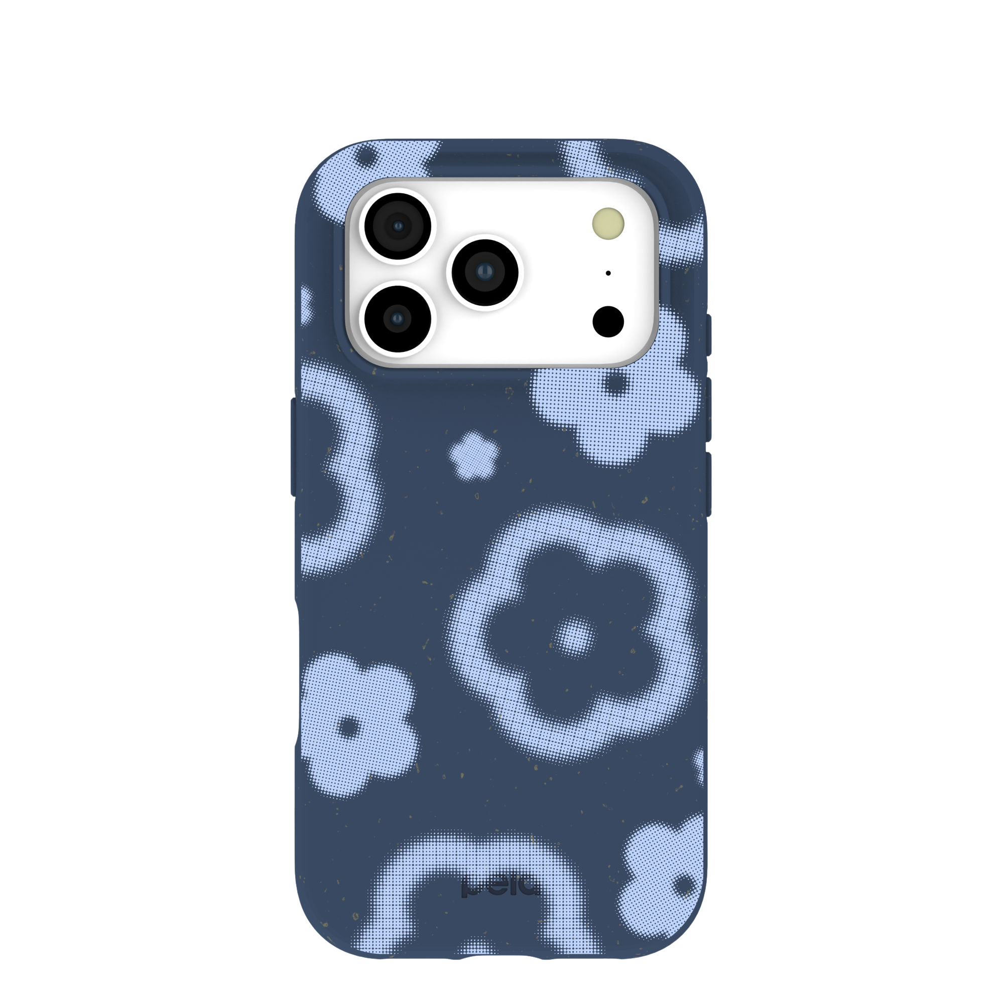 A dark blue phone case with a pattern of light blue, dotted, stylized flowers.