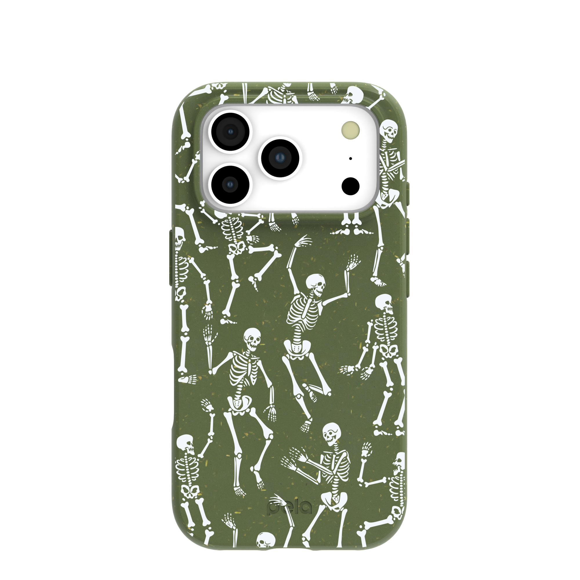 An olive green phone case with a pattern of white dancing skeletons.