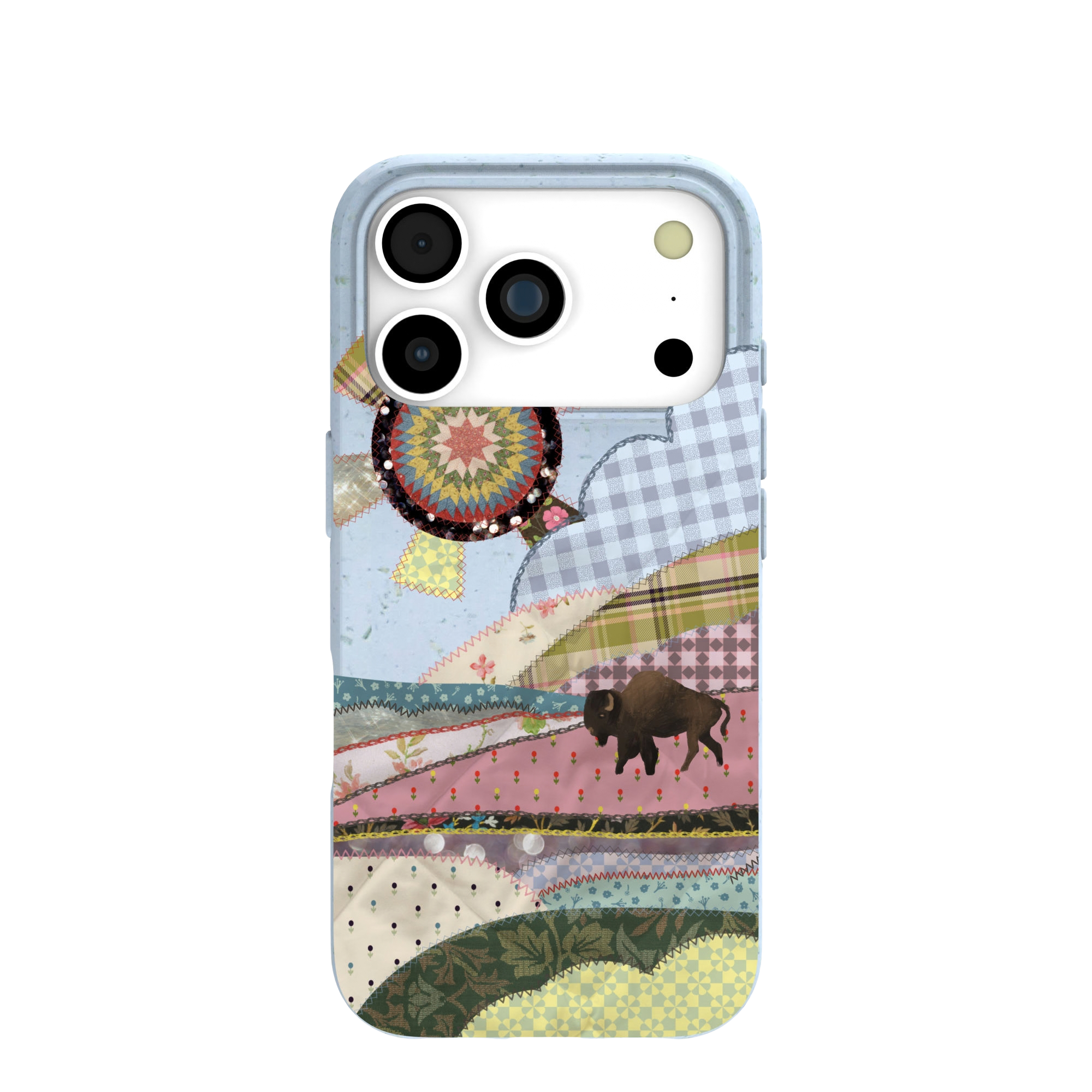 A brown phone case with a painted illustration of sheep grazing in a mountain meadow.