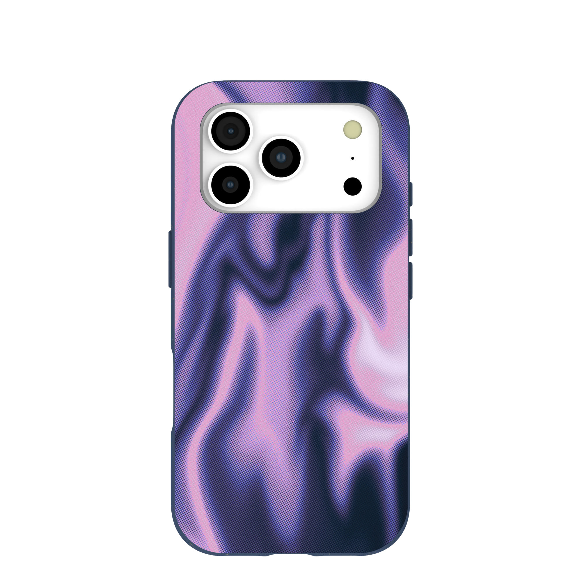 A smartphone in a case with a wavy, abstract purple and pink pattern against a white background.