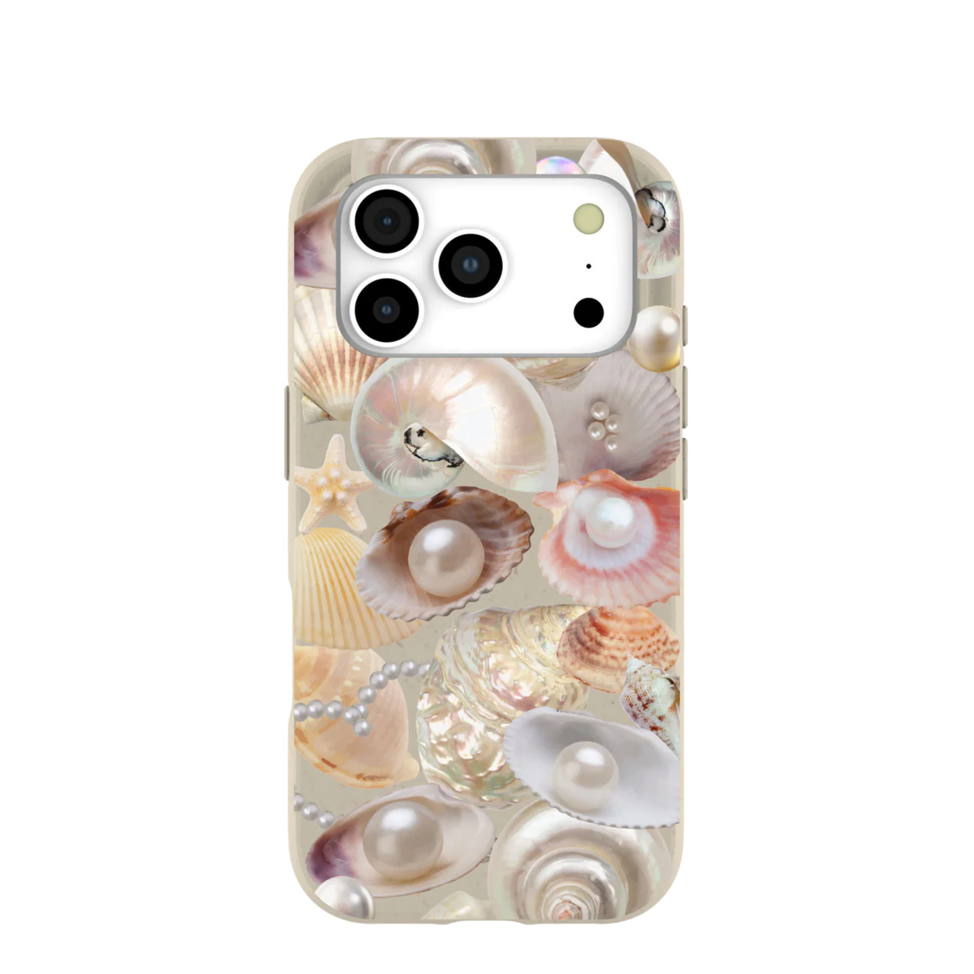 A phone case with a collage of seashells, pearls, and a starfish on a neutral background.