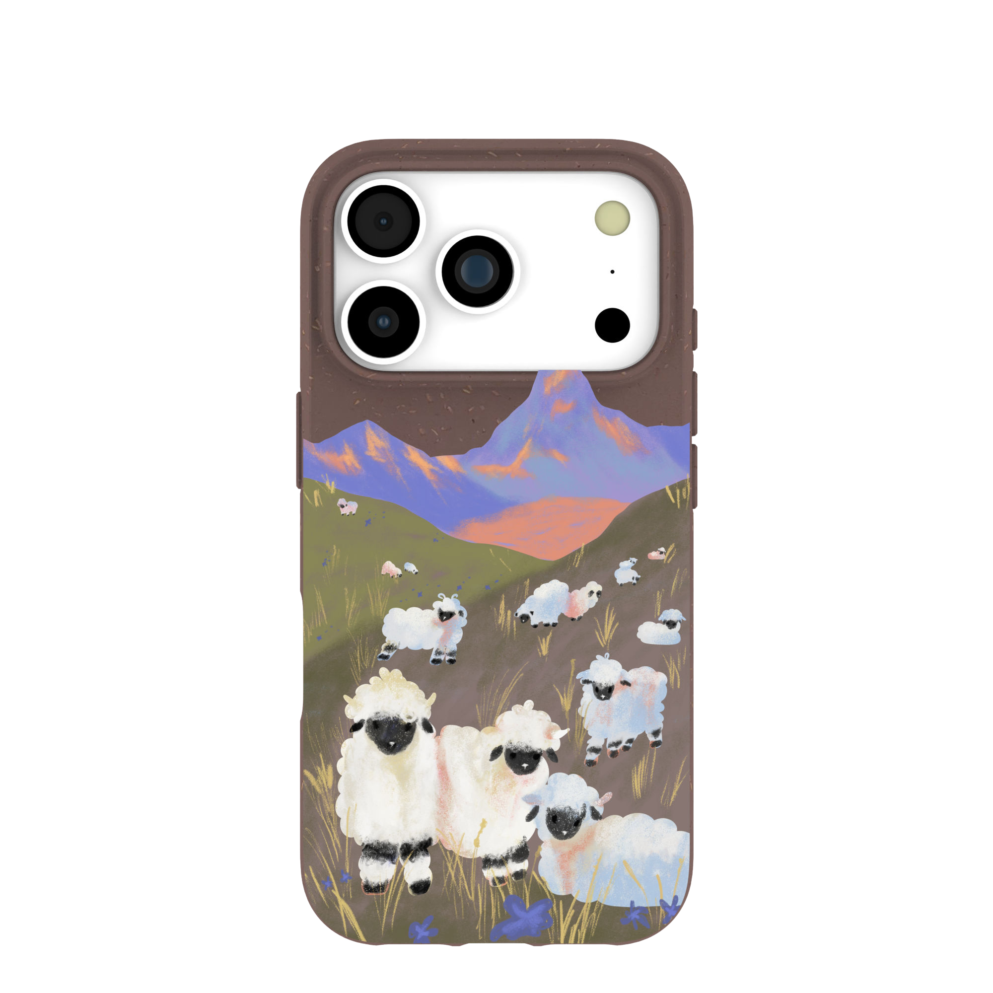 A brown phone case with a painted illustration of sheep grazing in a mountain meadow.