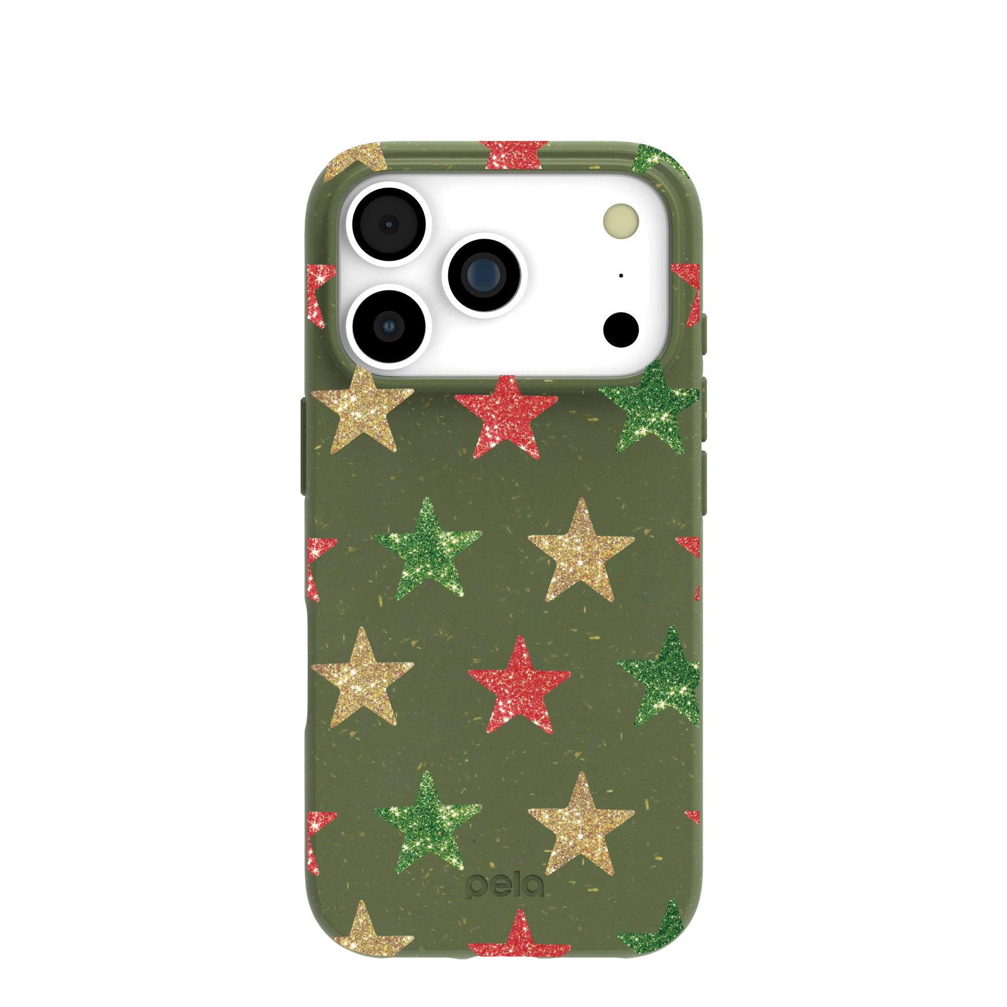 A green phone case with a pattern of red, green, and gold glitter stars.
