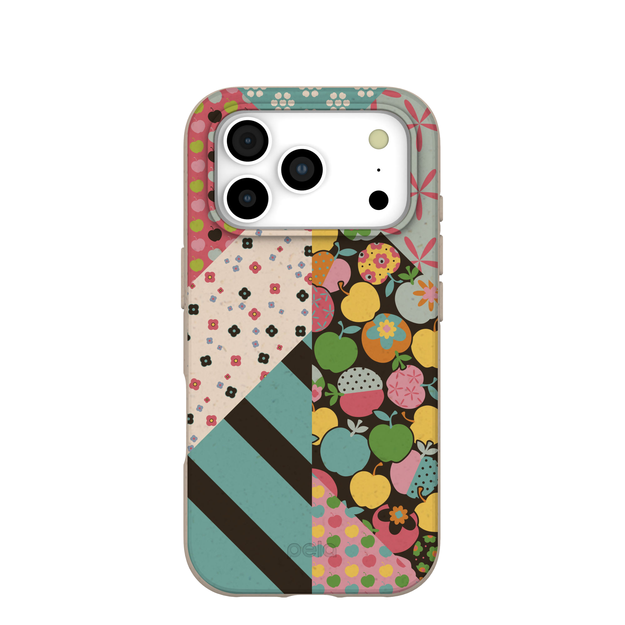 A phone case with a colorful patchwork design of apples, flowers, stripes, and dots on a white background.