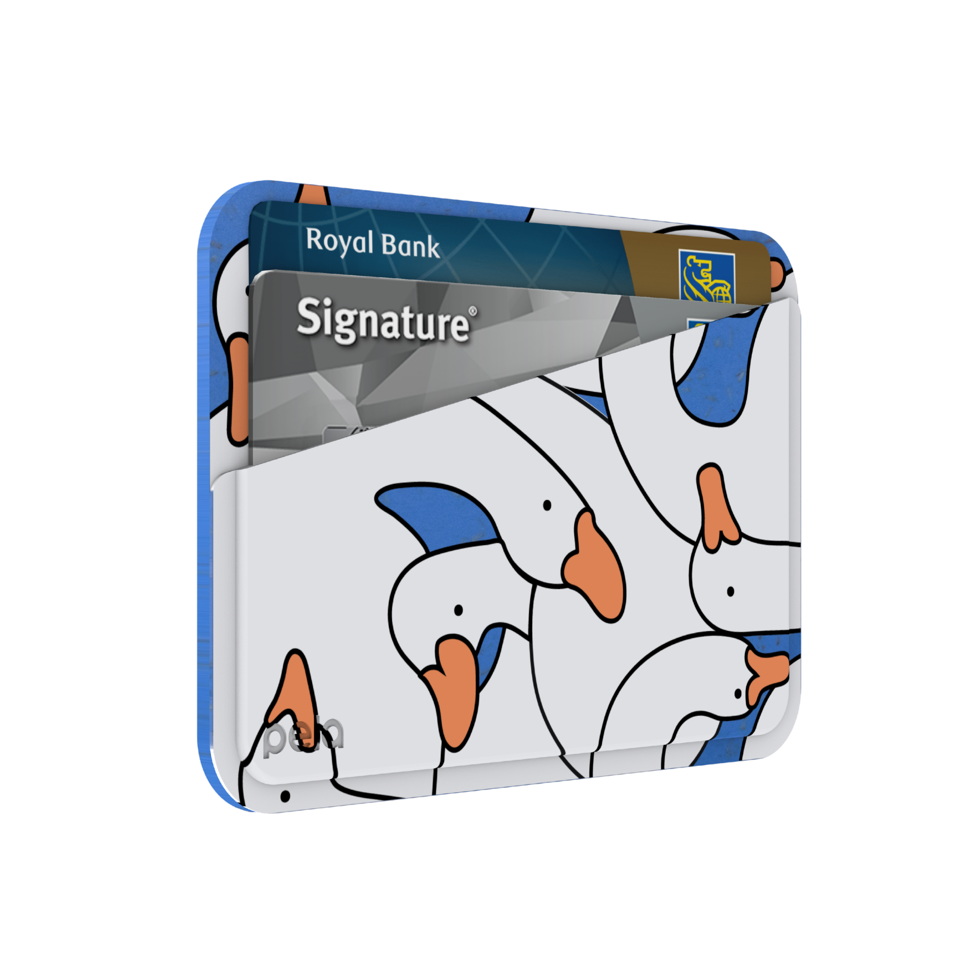 A card wallet with a cartoon goose pattern, holding two bank cards against a white background.