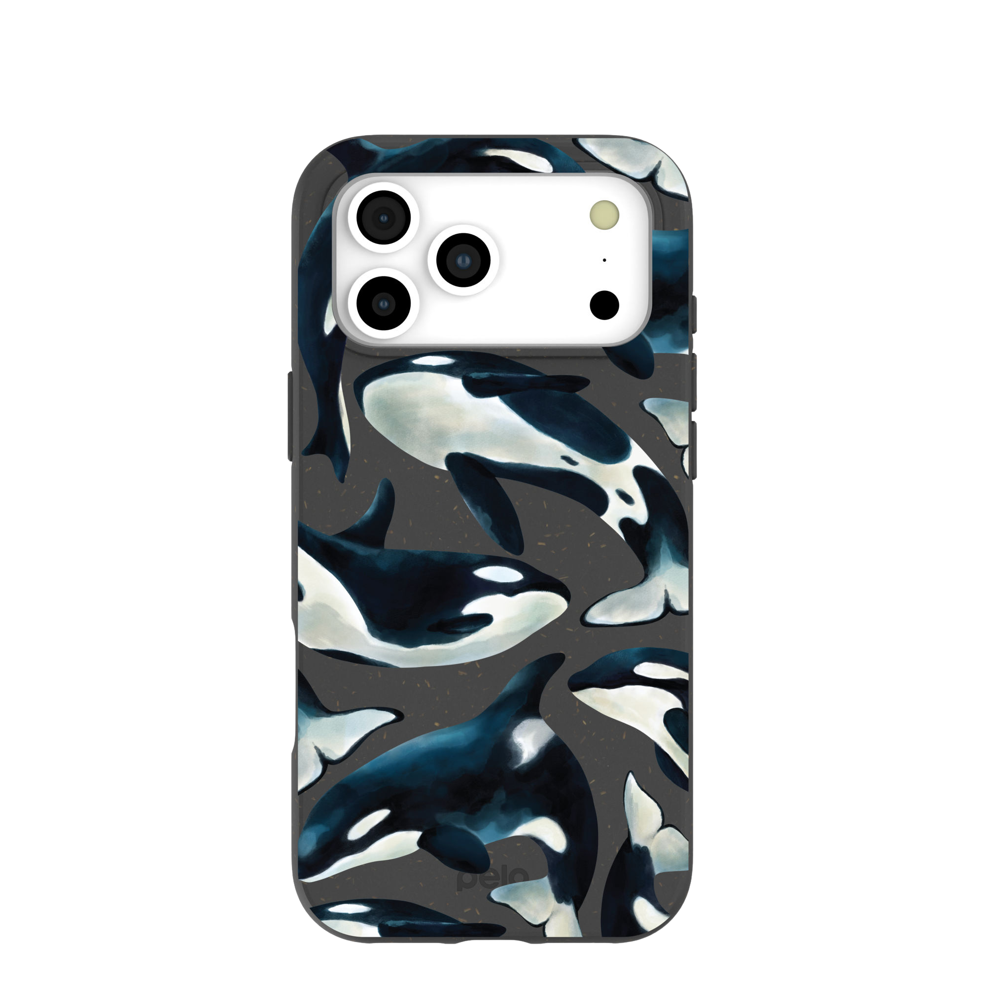 A dark gray phone case with an all-over print of illustrated orca whales.