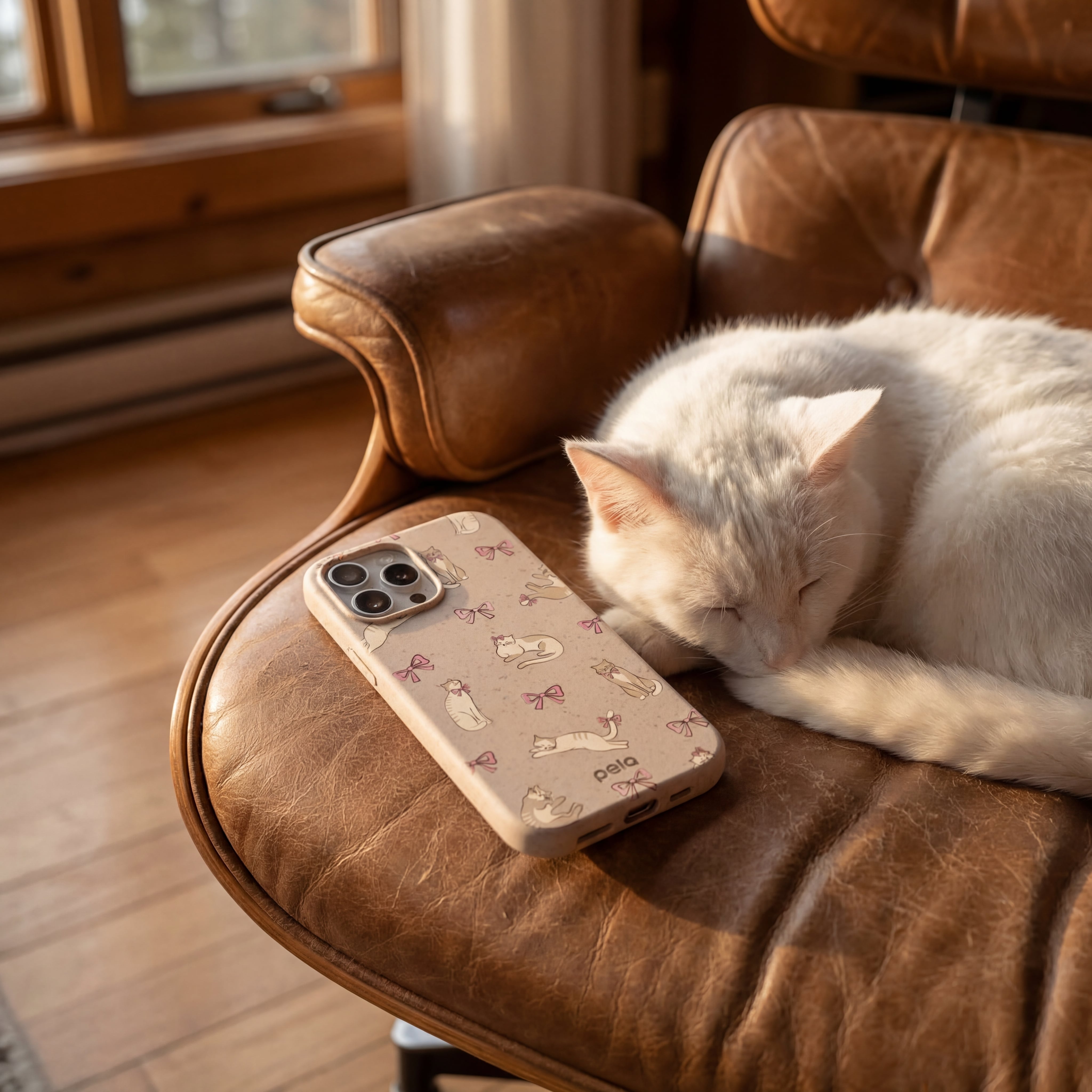 A white cat sleeps on a brown leather chair next to a phone with a cat-patterned case.