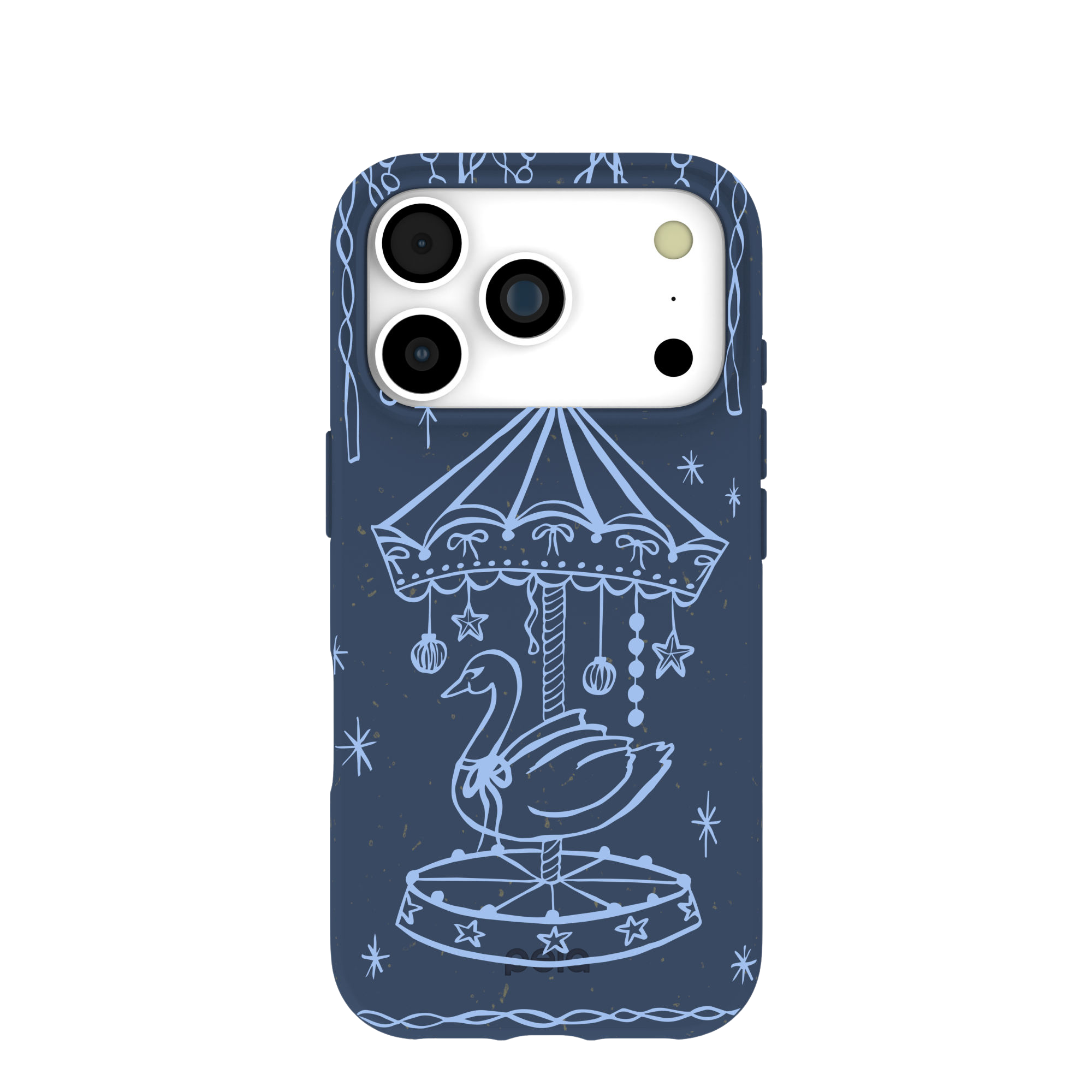 A dark blue phone case with a light blue line drawing of a swan on a carousel.