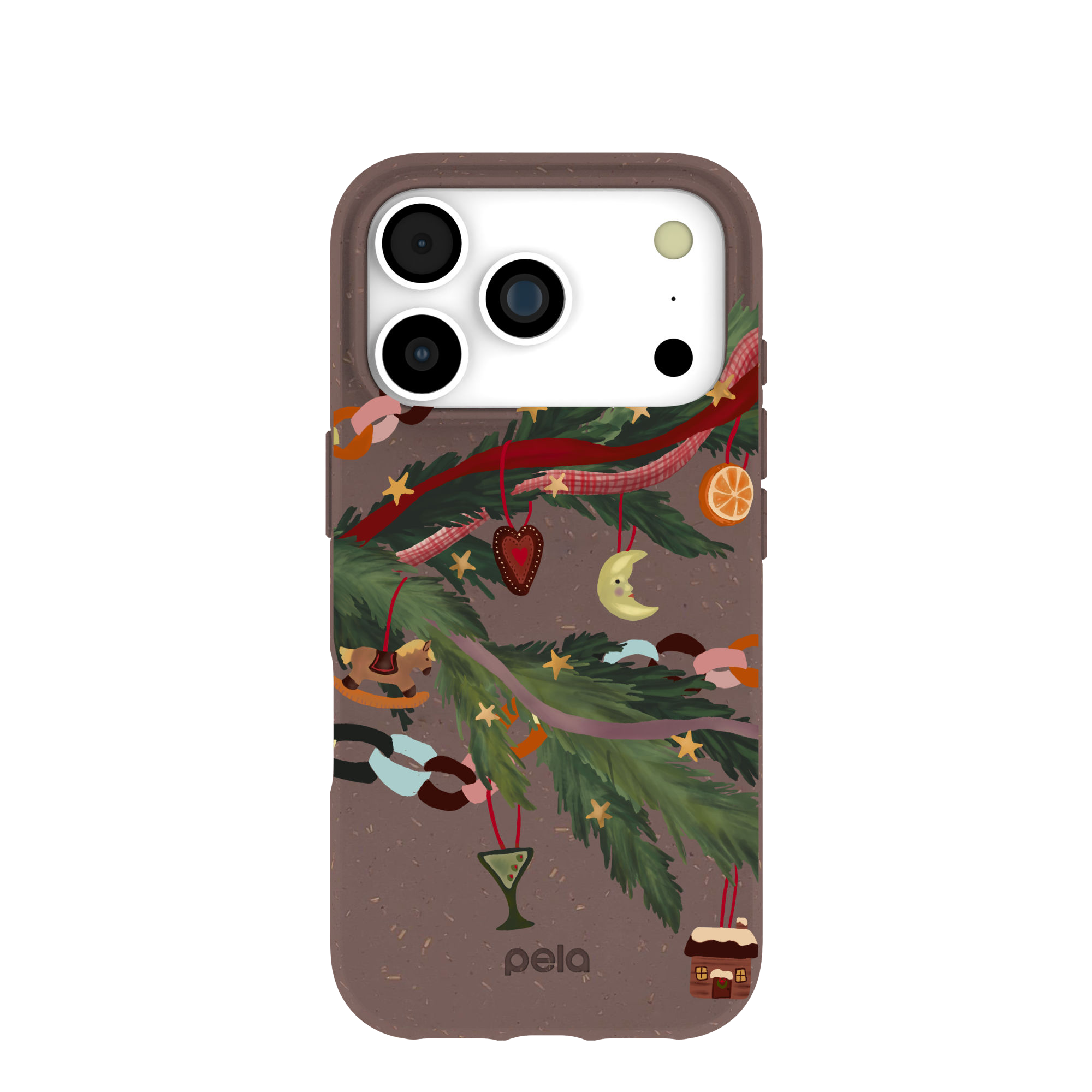 A brown phone case with a Christmas tree design, featuring ornaments like a rocking horse, moon, and heart.