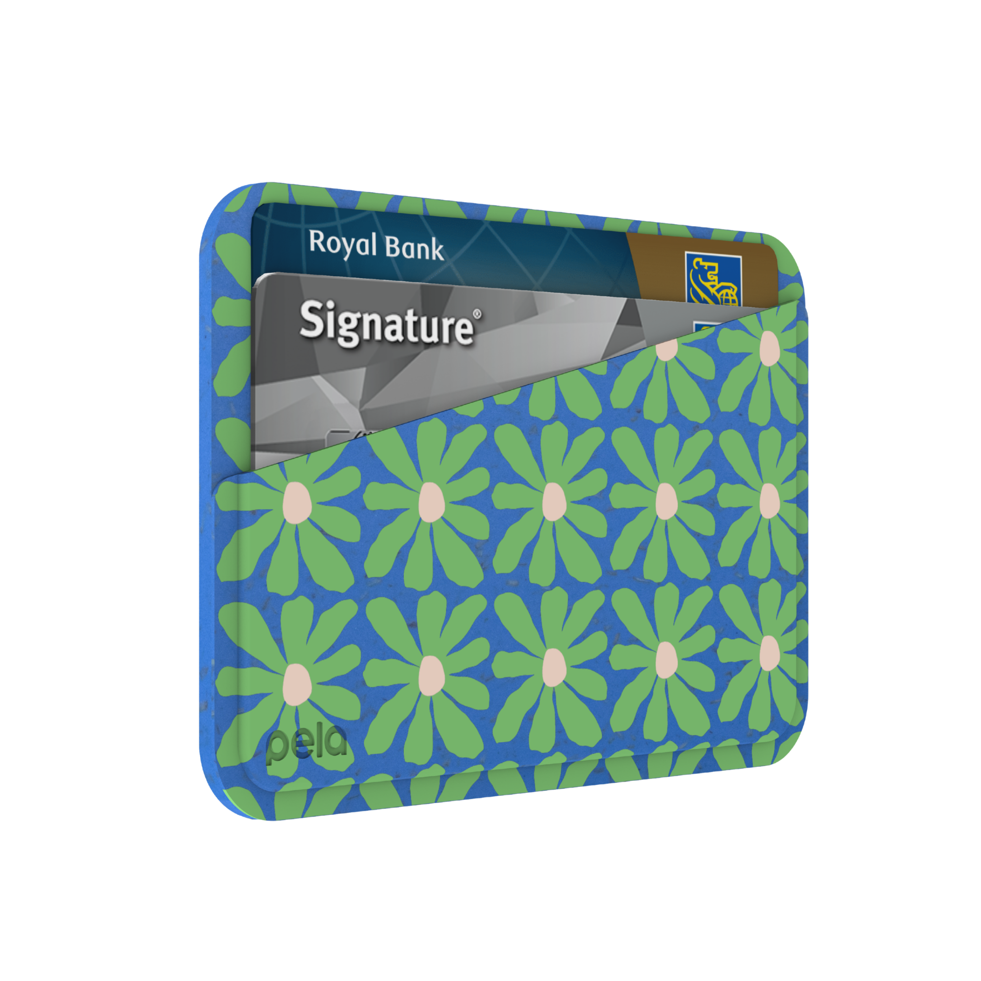 A blue Pela cardholder with a green floral pattern holding two credit cards against a white background.