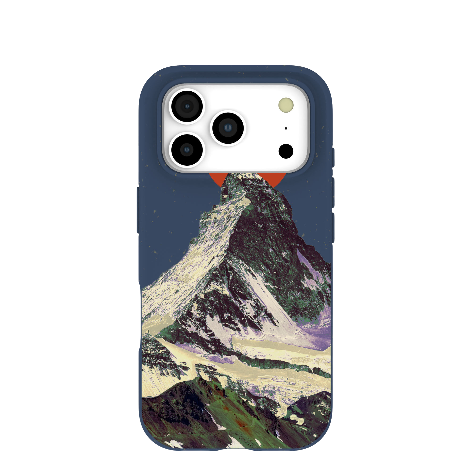 A blue phone case with a stylized graphic of a snow-covered mountain peak against a dark blue sky.