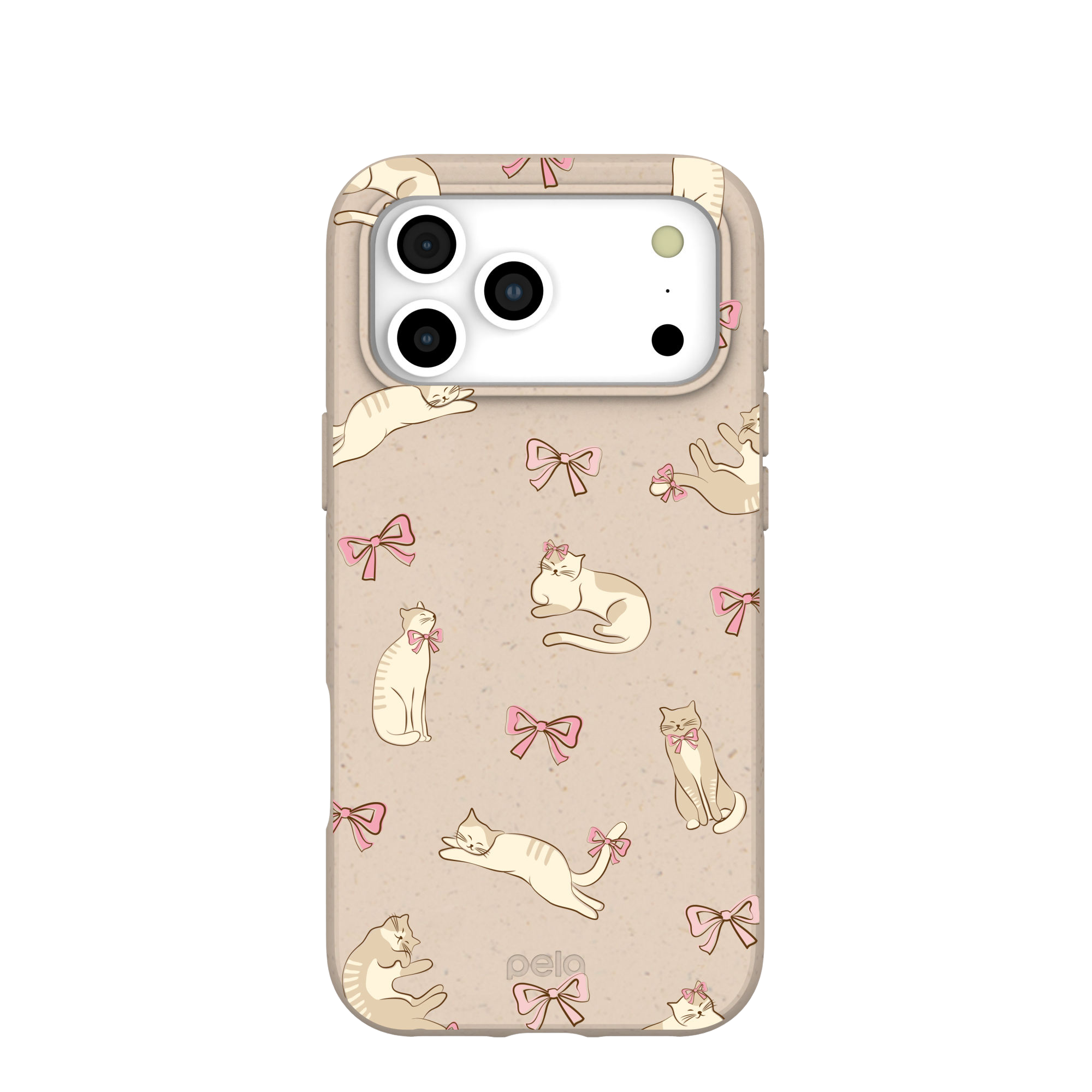 A tan phone case with a repeating pattern of illustrated white cats wearing pink bows.