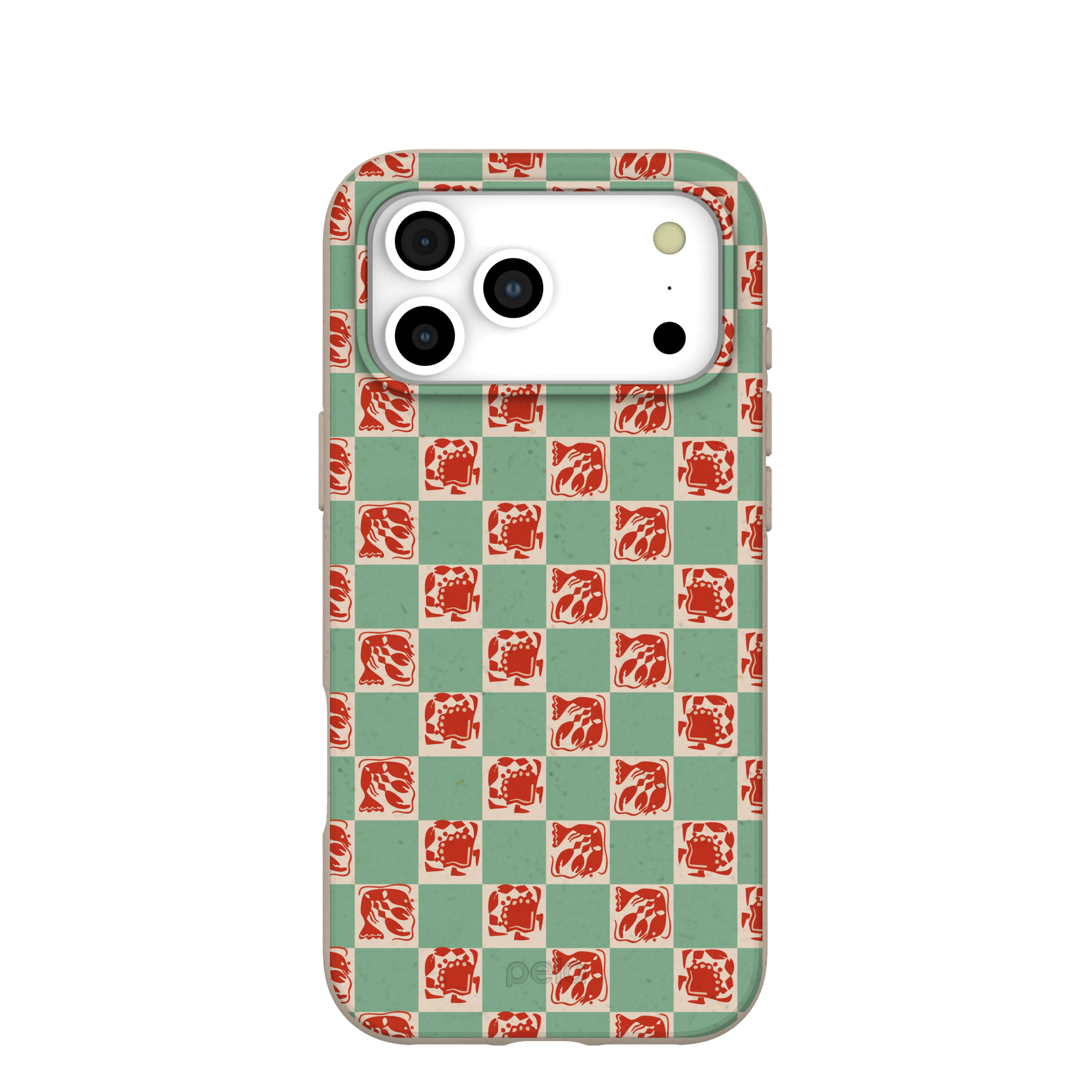 A phone case with a green and cream checkerboard pattern, featuring red lobster and crab illustrations.