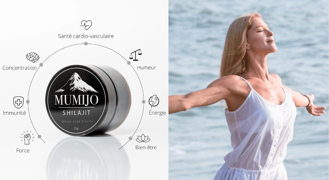 Container of Mumijo Shilajit and a person enjoying the sea, symbolizing health and well-being benefits.