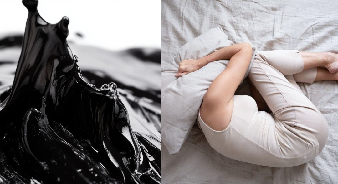 Contrast between flowing black liquid and a person curled up in bed.