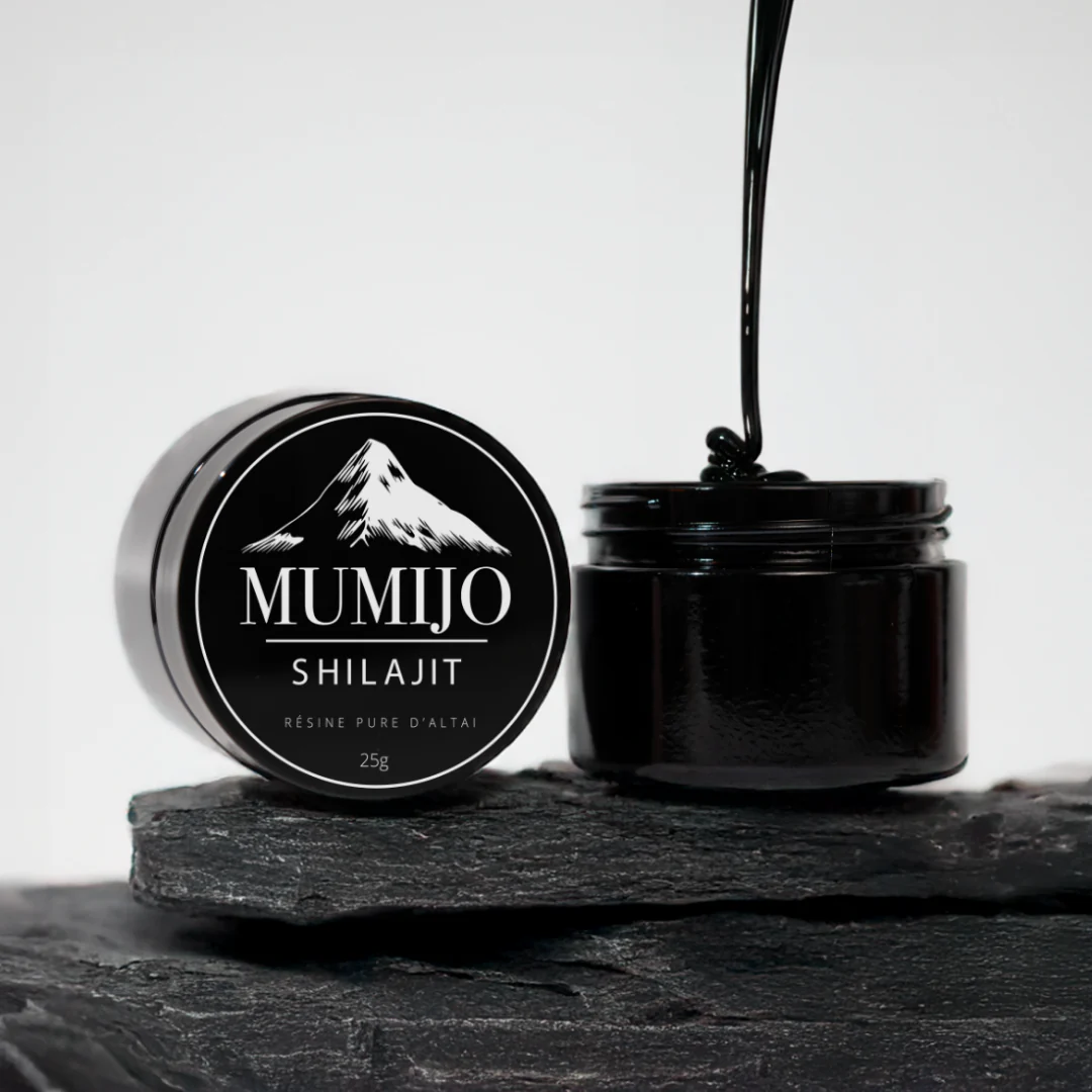 A jar of Mumijo Shilajit resin on dark stones.