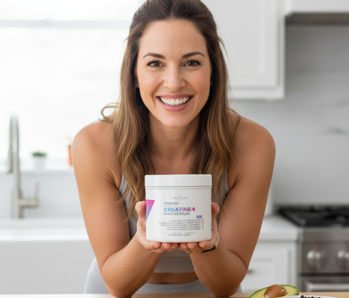 Person smiling, holding a supplement container in a kitchen.