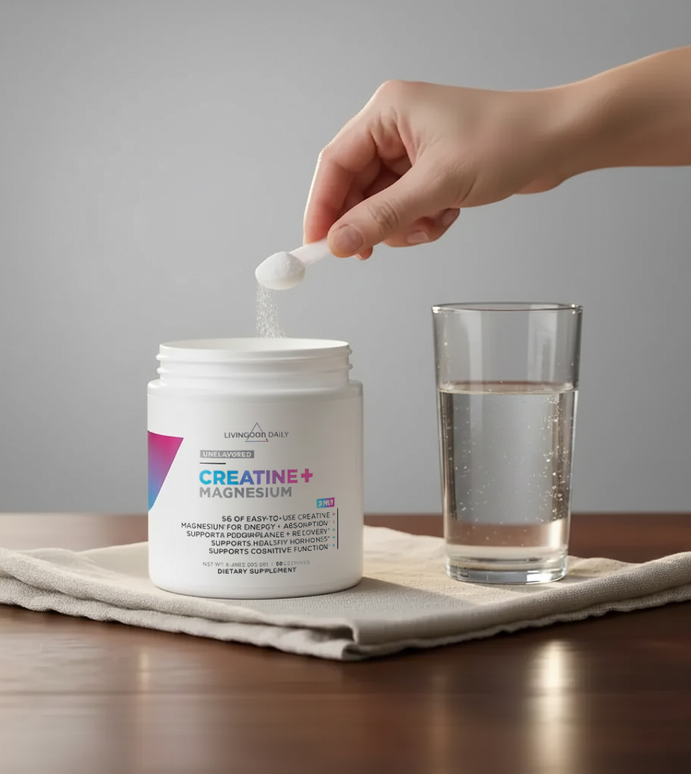 Hand scooping creatine powder from a container with a glass of water nearby.