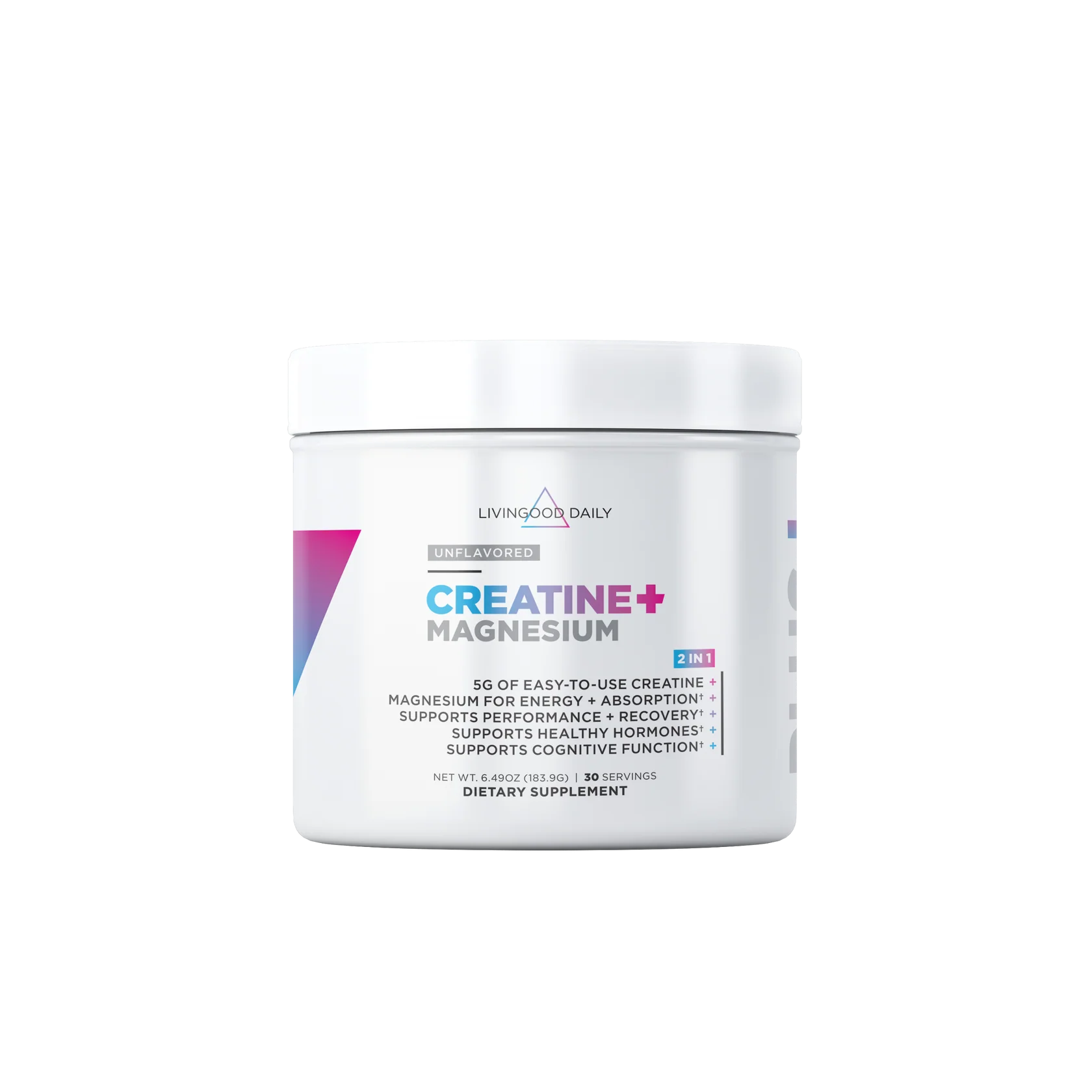 A white tub labeled 'Creatine + Magnesium' dietary supplement.