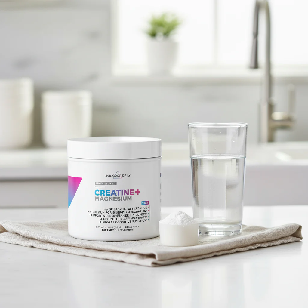 Container of creatine and magnesium supplement beside a glass of water on a counter.