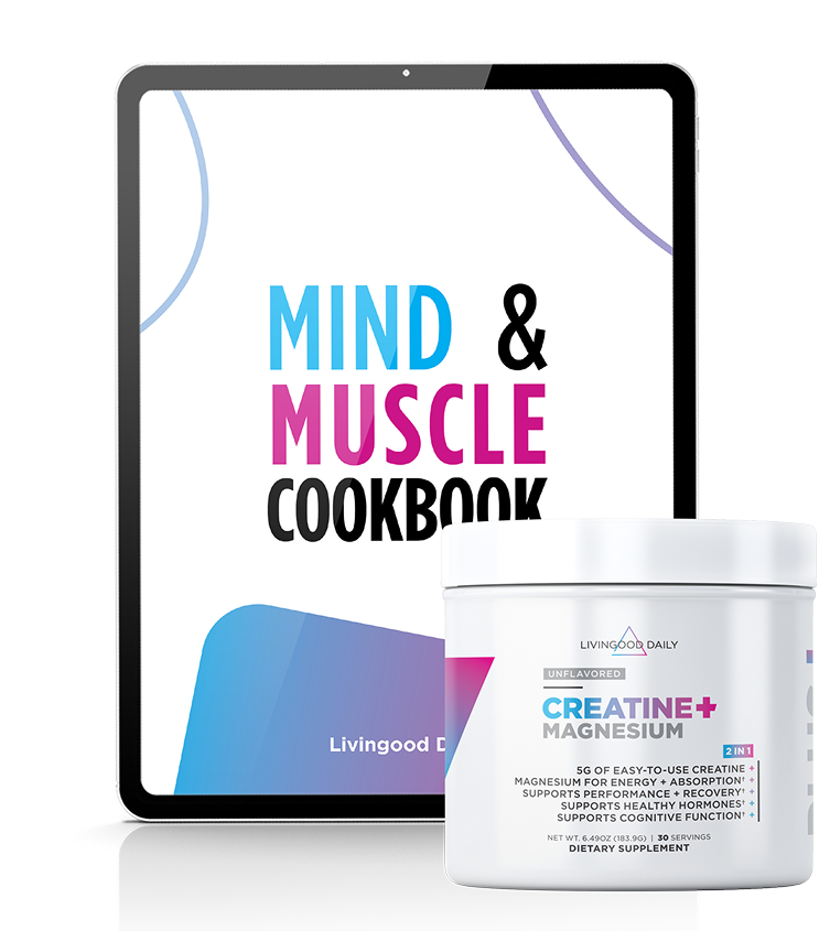 Tablet displaying 'Mind & Muscle Cookbook' beside a jar of creatine and magnesium supplement.