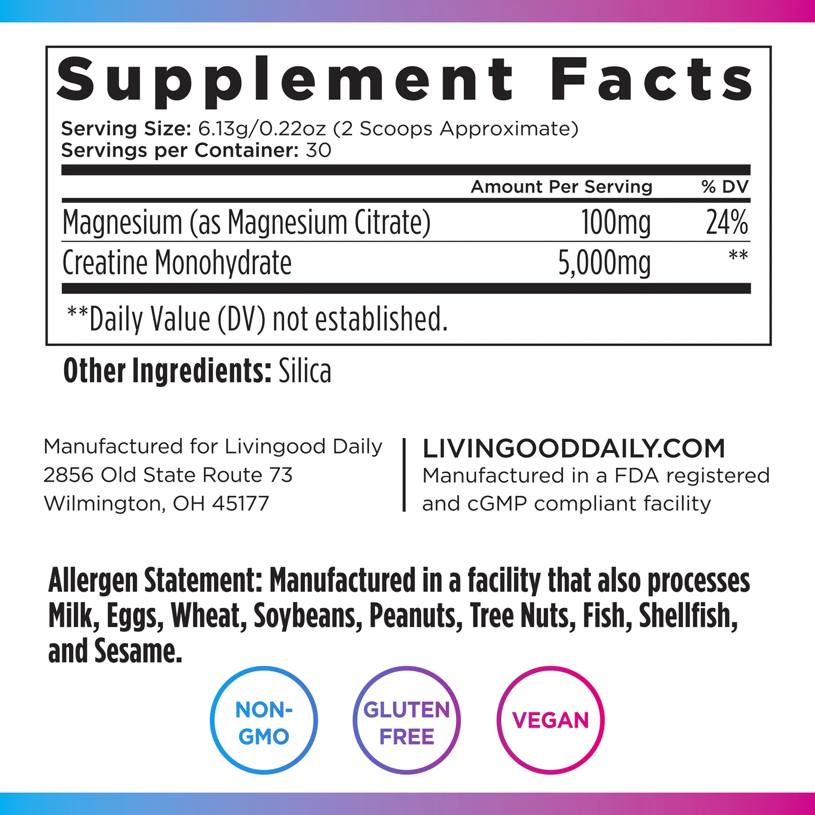 Supplement facts panel for a product with magnesium and creatine content.