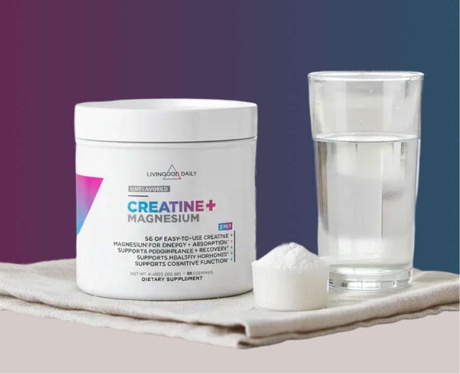 Container of creatine magnesium supplement next to a glass of water and a scoop.