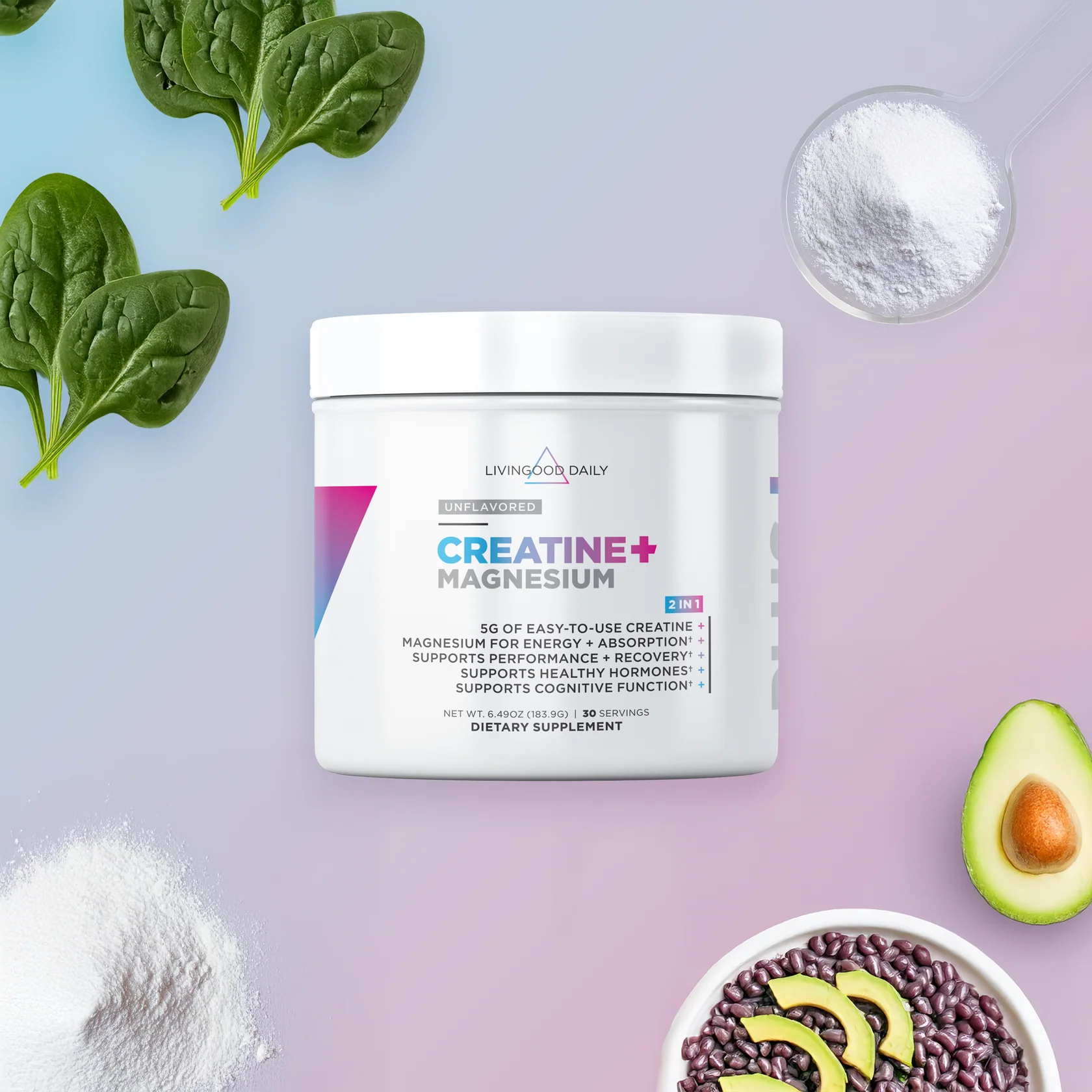 Creatine and magnesium supplement jar with spinach, avocado, scoop and black rice on pastel background.