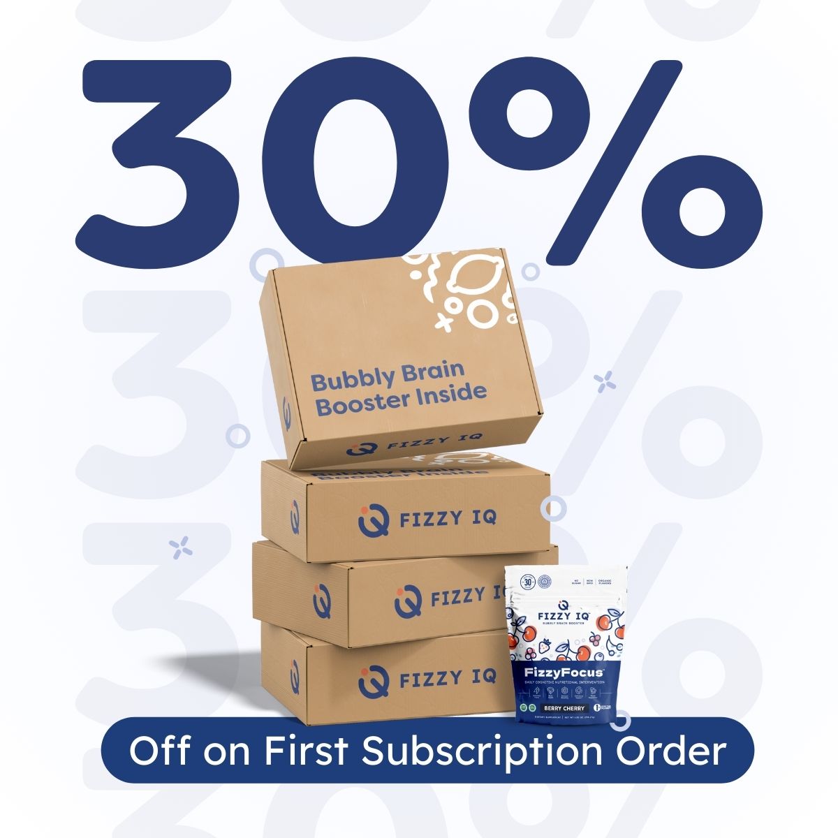 Stacked boxes and a product pouch with 30% off offer text.