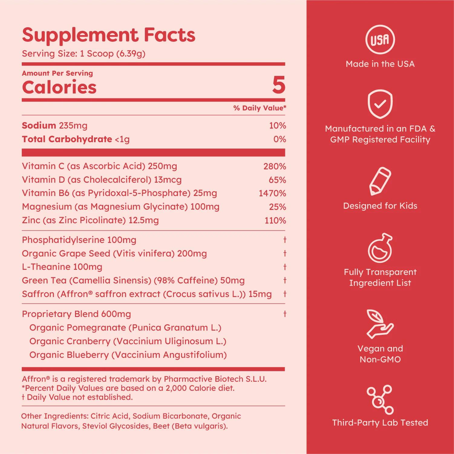 Supplement facts panel with nutritional information and product features icons.