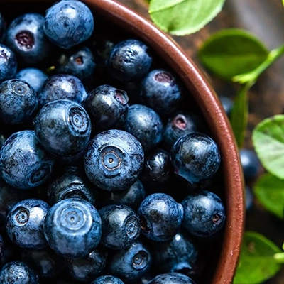 A bowl filled with fresh blueberries, surrounded by green leaves.